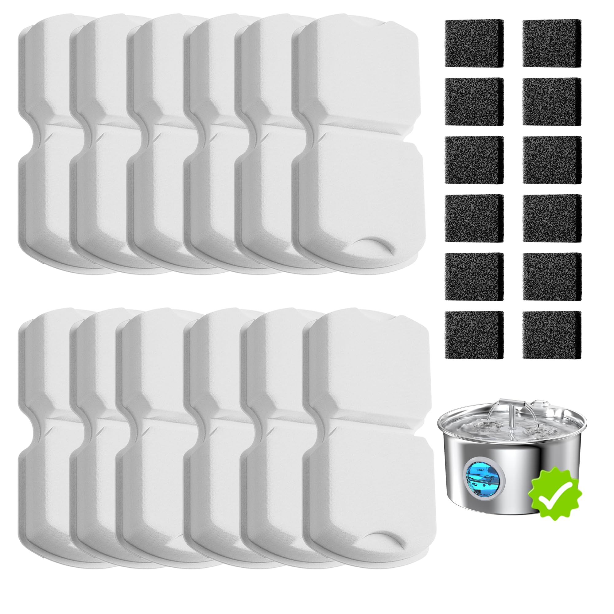 UMOCUOY Cat Water Fountain Filter: 24 Pet Fountain Replacement Screen for Stainless Steel - 12 Carbon Filters & 12 Foam Filters 