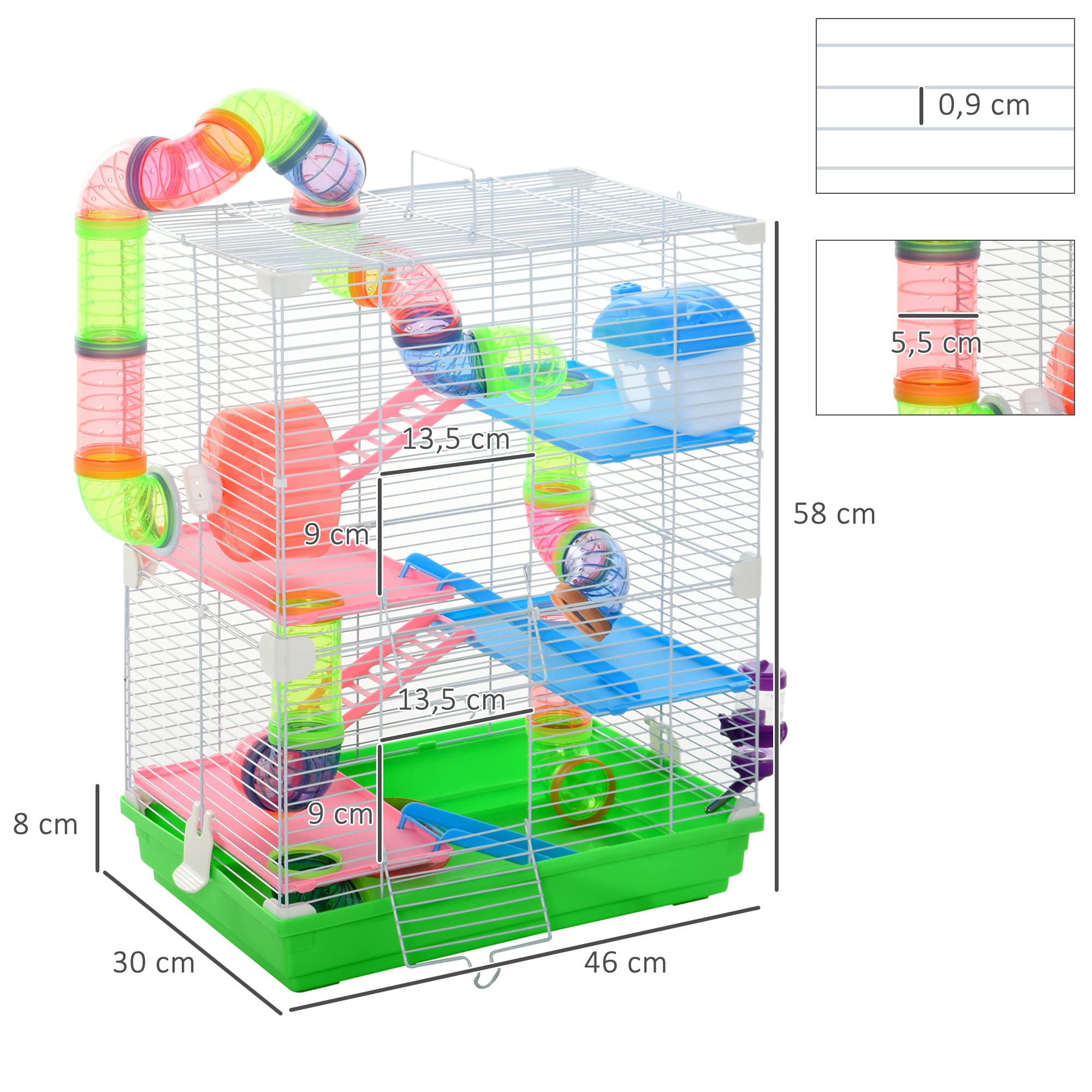 PawHut Hamster Cage with Ladder, Feeder, Wheel & Tunnel - Green & White, 46 x 30 x 58 cm, Metal & Plastic