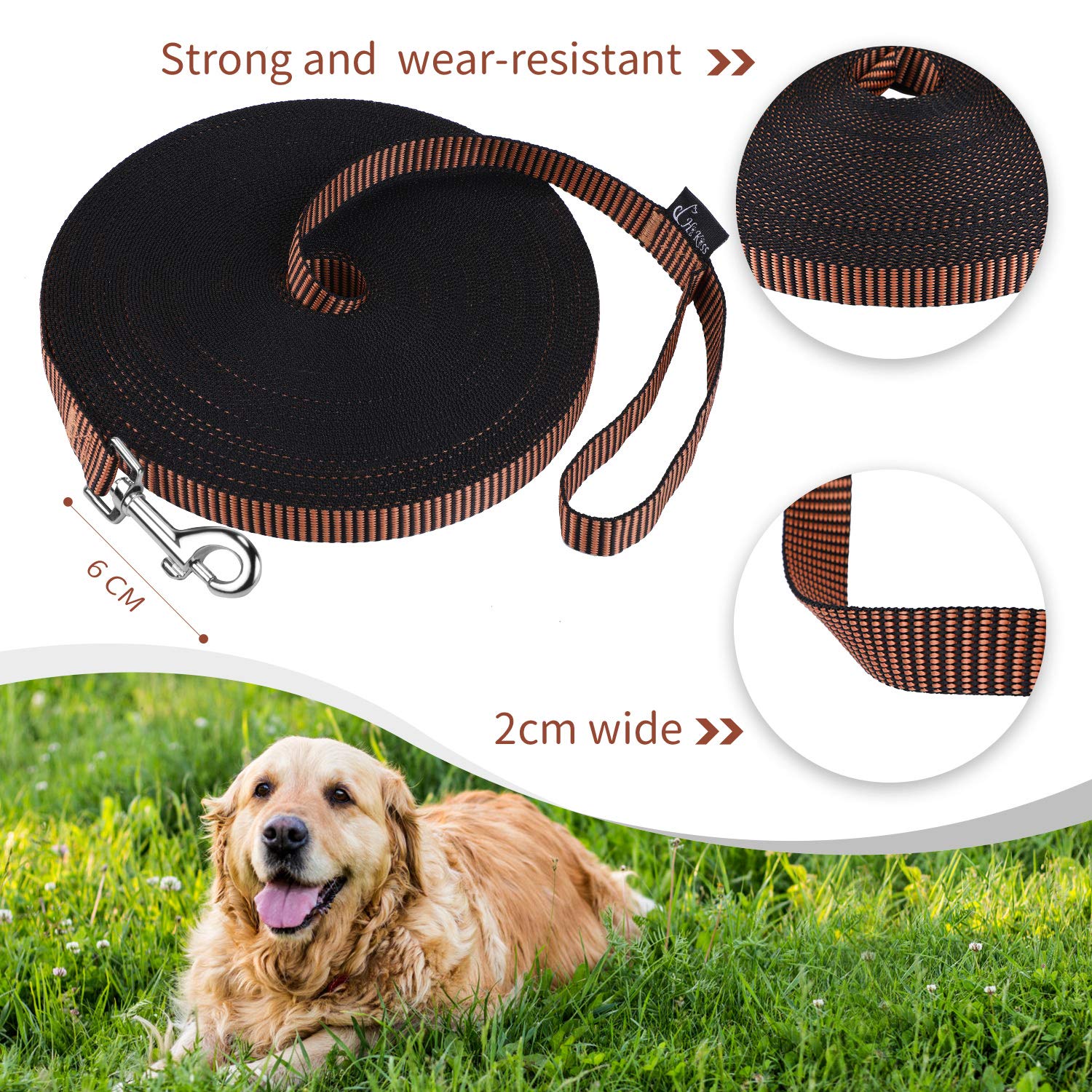 Hi Kiss Dog Obedience Training Leash - 30ft Nylon Lead, Black/Orange, Ideal for Recall, Agility, Play, Camping