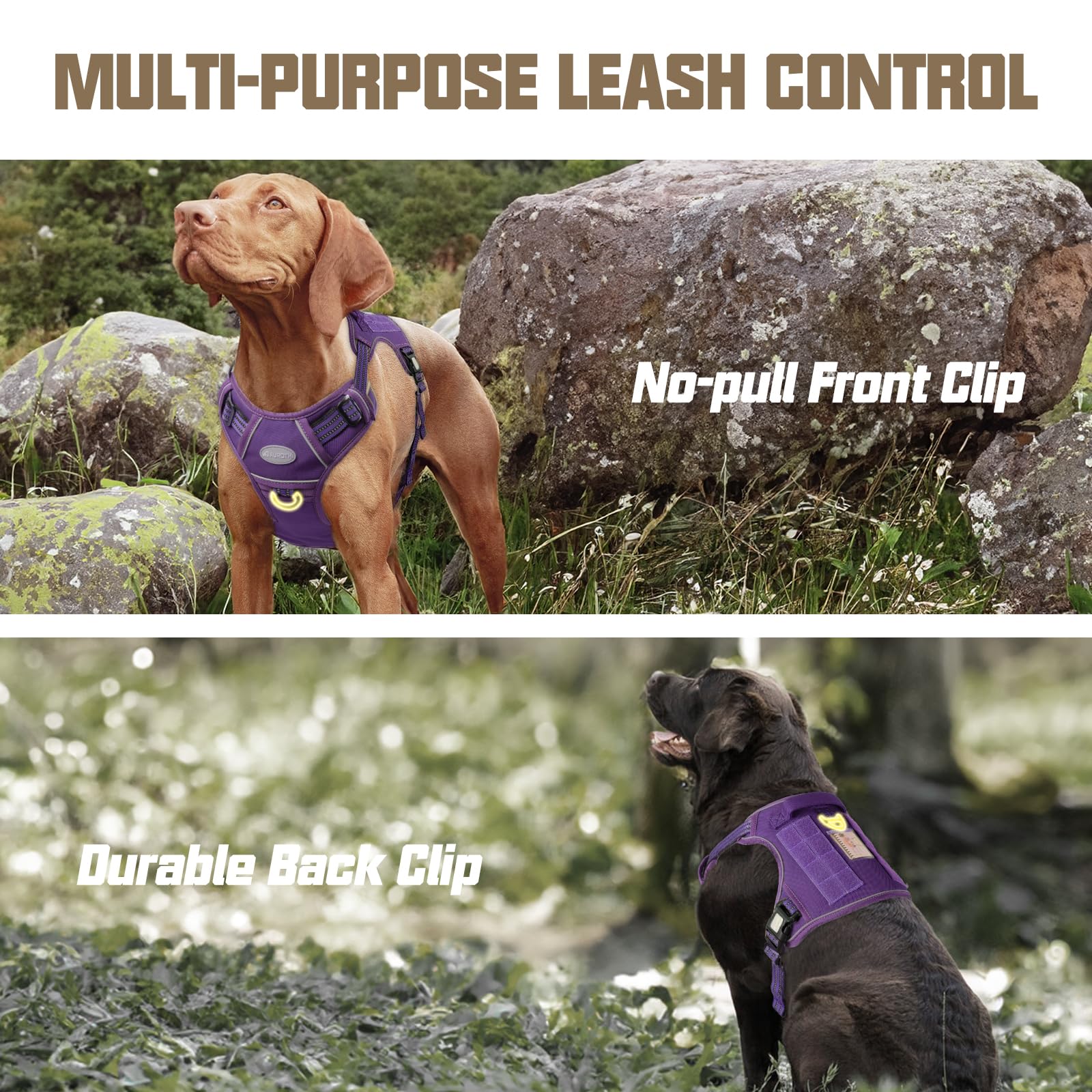 AUROTH Tactical Dog Harness for Large Dogs, No Pull, Adjustable, Reflective, Nylon, Size L, Purple