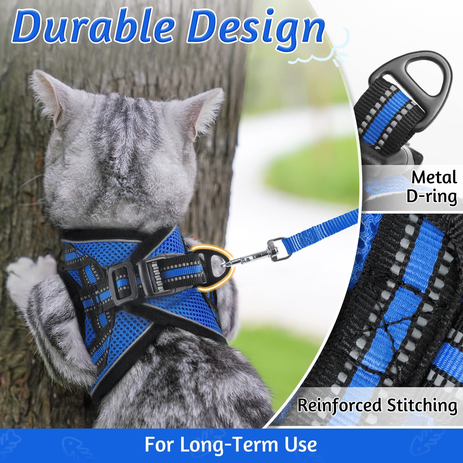 Rabbitgoo Cat Harness And Leash Set For Walking Escape Proof, Adjustable Soft Kittens Vest With Reflective Strip For Cats, Comfortable Outdoor Vest,Blue,L