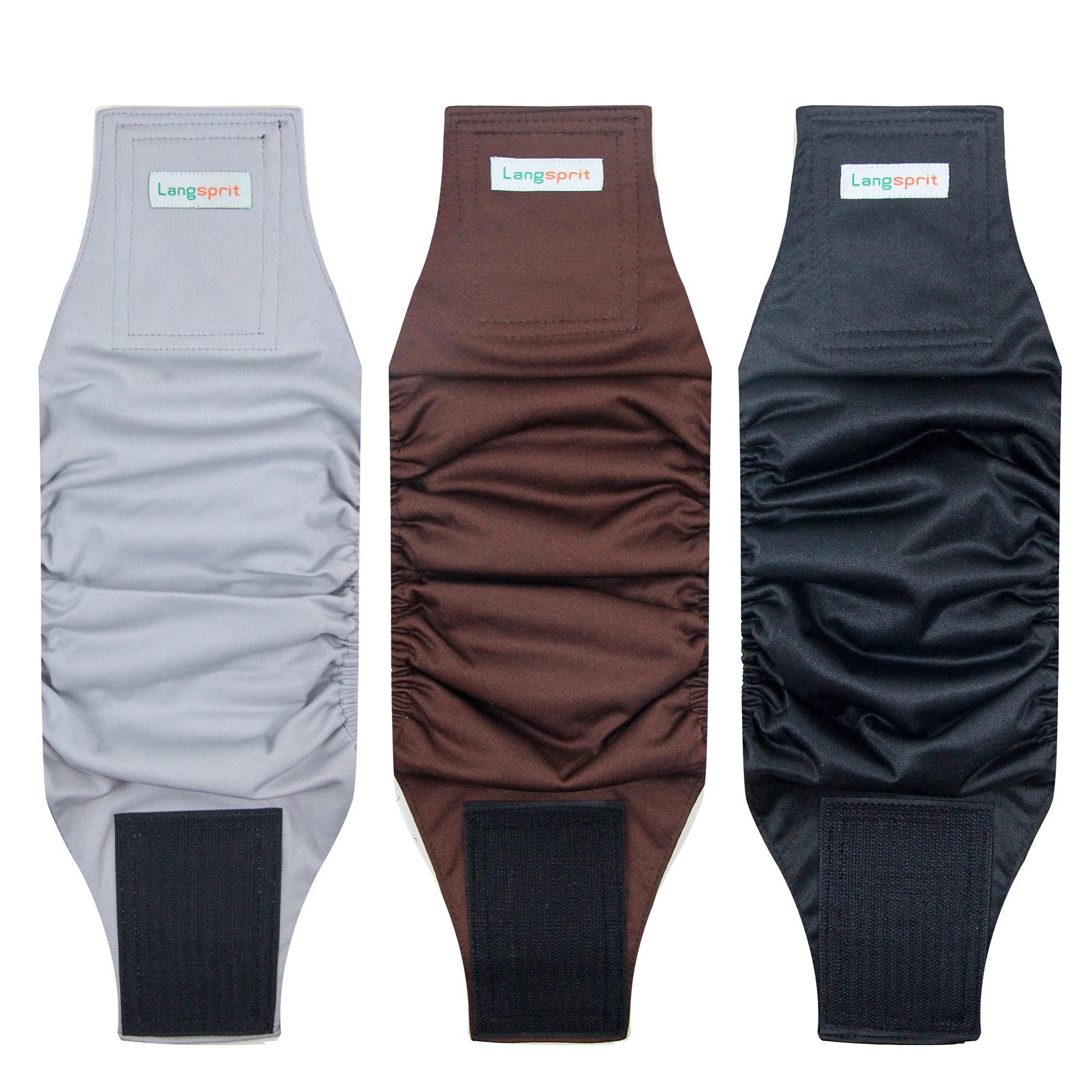 Langsprit Male Belly Bands for Dogs (Pack of 3) - High Absorbing Dog Wraps Male Washable - Reusable Dog Diapers (Black,Gray,Coff
