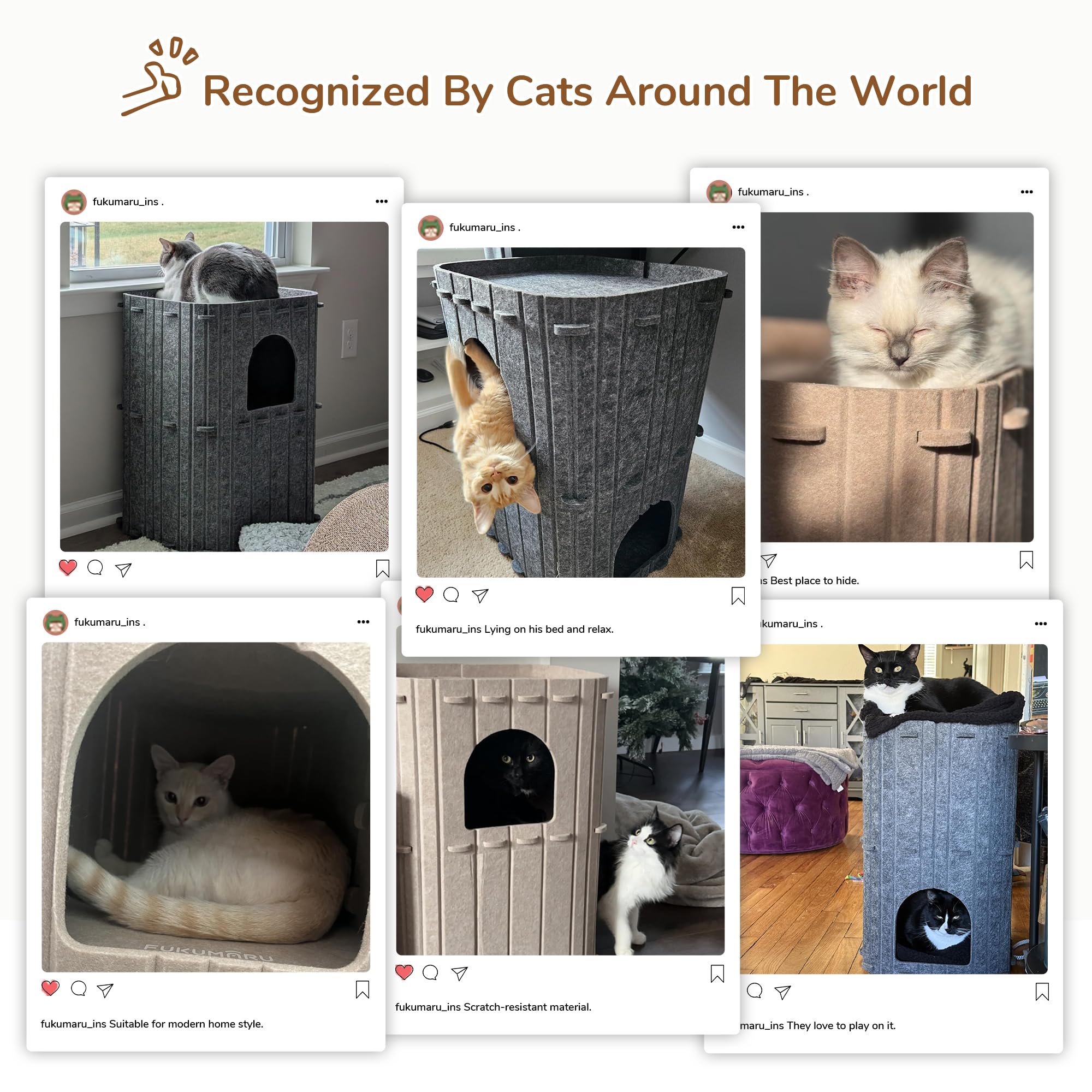 FUKUMARU Cat House, 2-Storey Cozy Felt Tunnel Condo, 17.72x14.37x23.62 inches, Beige, Model BS04