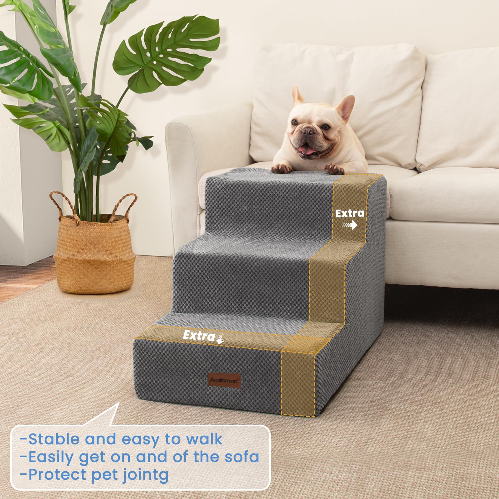 Aodisman Dog Stairs for Small Dogs & Cats,3-Step Extra Wide Non-Slip Pet Steps for Couch Sofa and Chair,Grey,15.7 H
