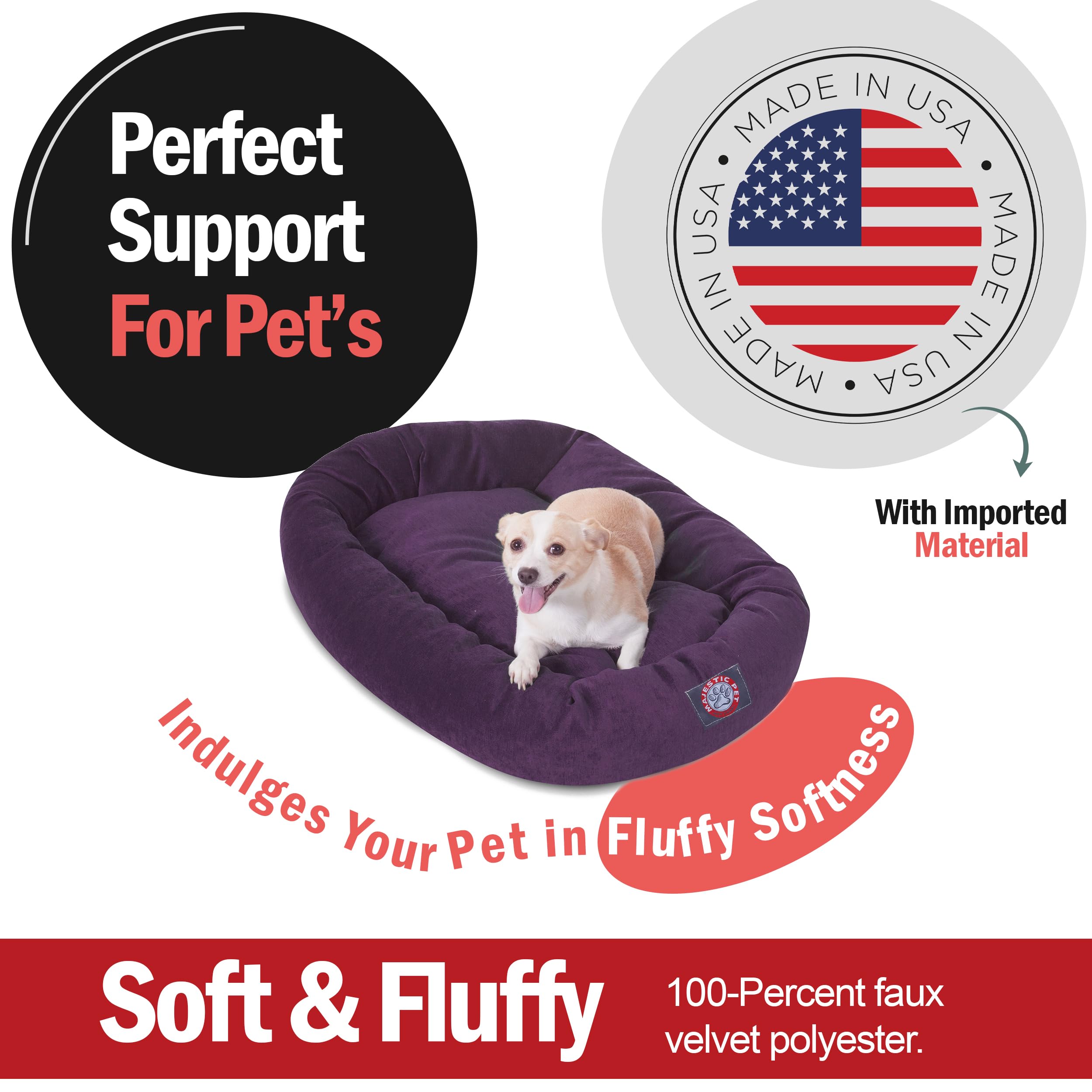 Majestic Pet 32 Inch Micro Velvet Calming Dog Bed Washable – Cozy Soft Round Dog Bed With Spine For Head Support - Fluffy Donut Dog Bed 32X23X7 (Inch) – Round Pet Bed Medium – Aubergine