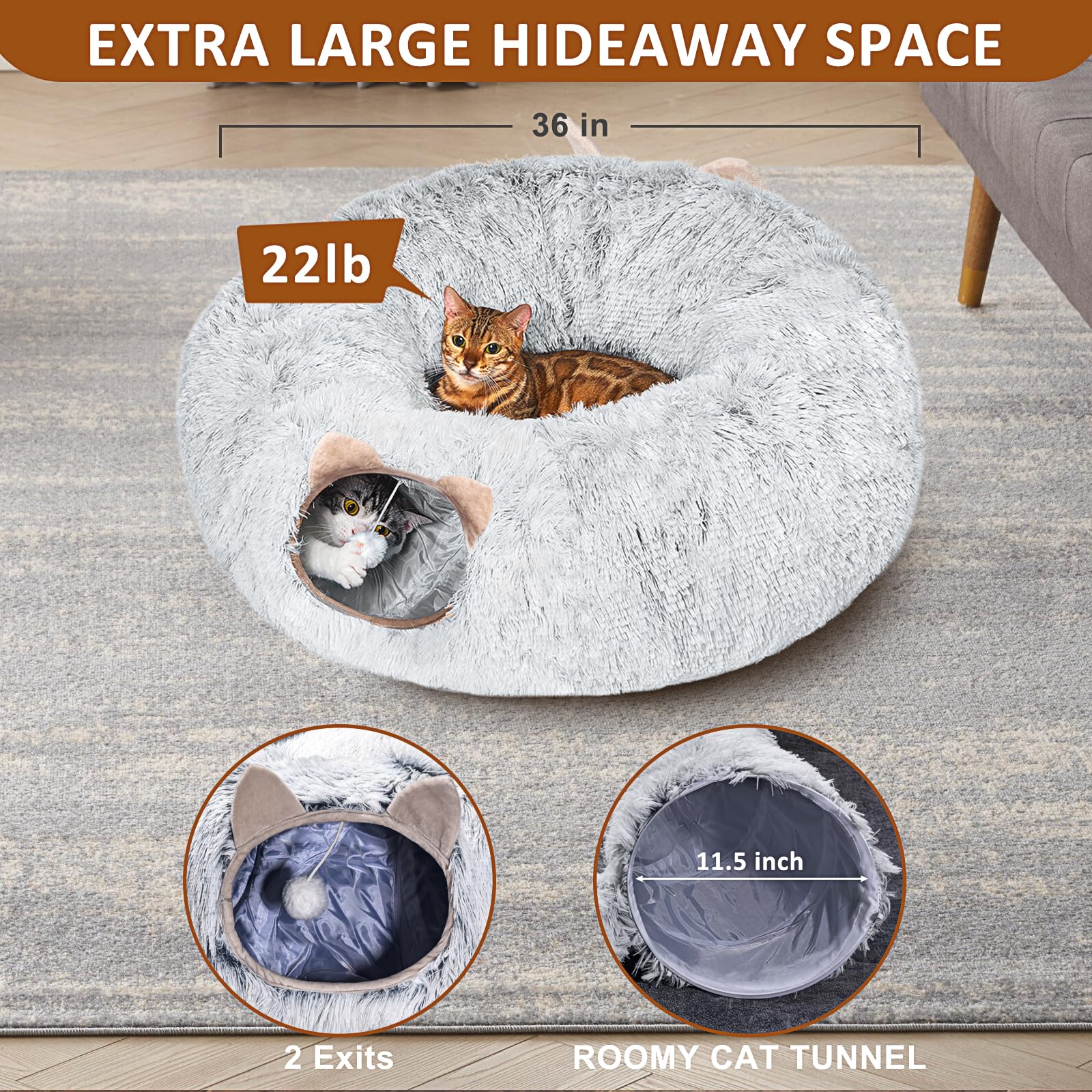 Cat Tunnel with Cat Bed for Indoor Cats, Under Christmas Tree Soft Plush Peekaboo Cat Cave Donut Tunnel, Multifunctional Playgro
