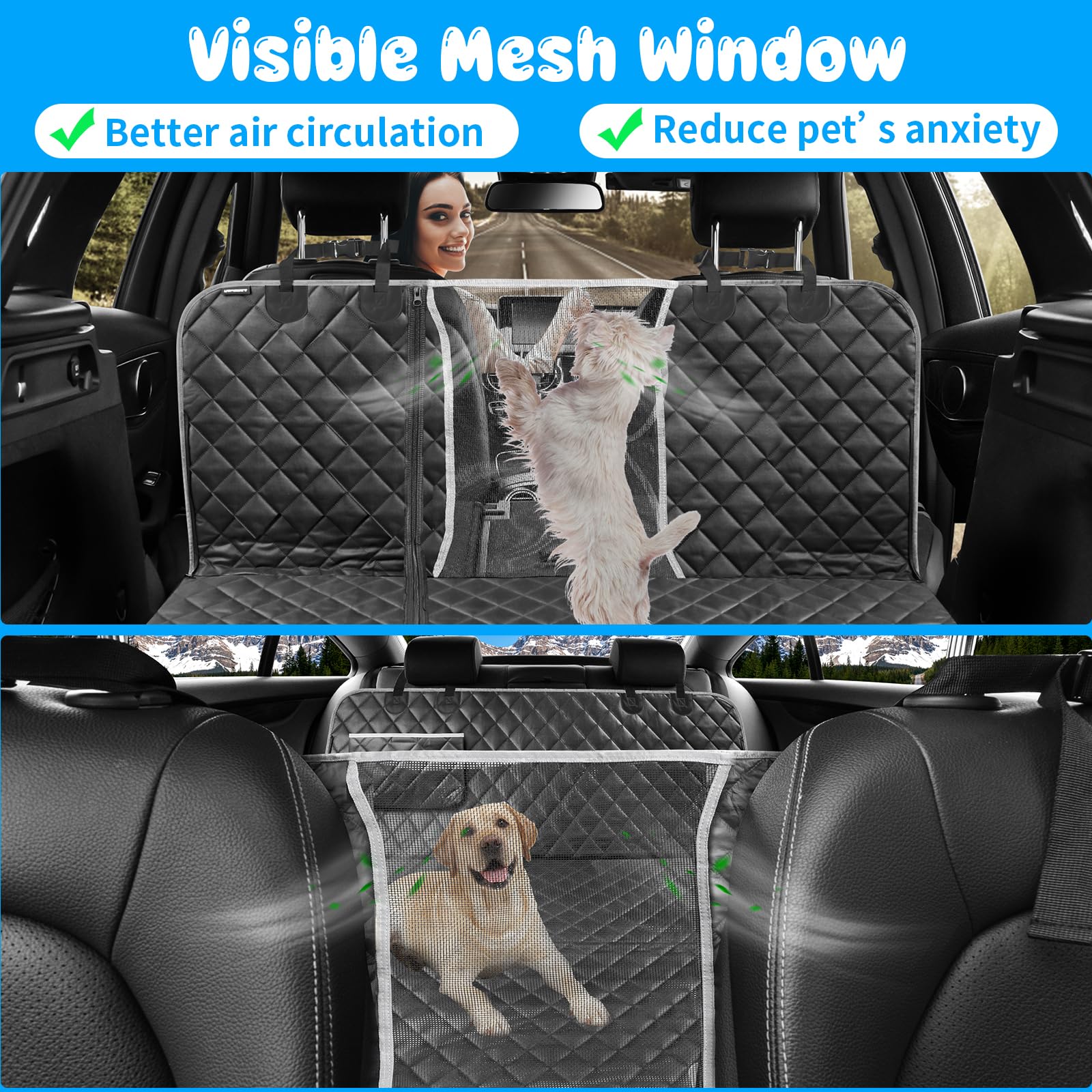 URPOWER 6-in-1 Dog Car Seat Cover for Back Seat, Waterproof Dog Car Hammock 40/60 Split Dog Seat Cover with Mesh Window and Side
