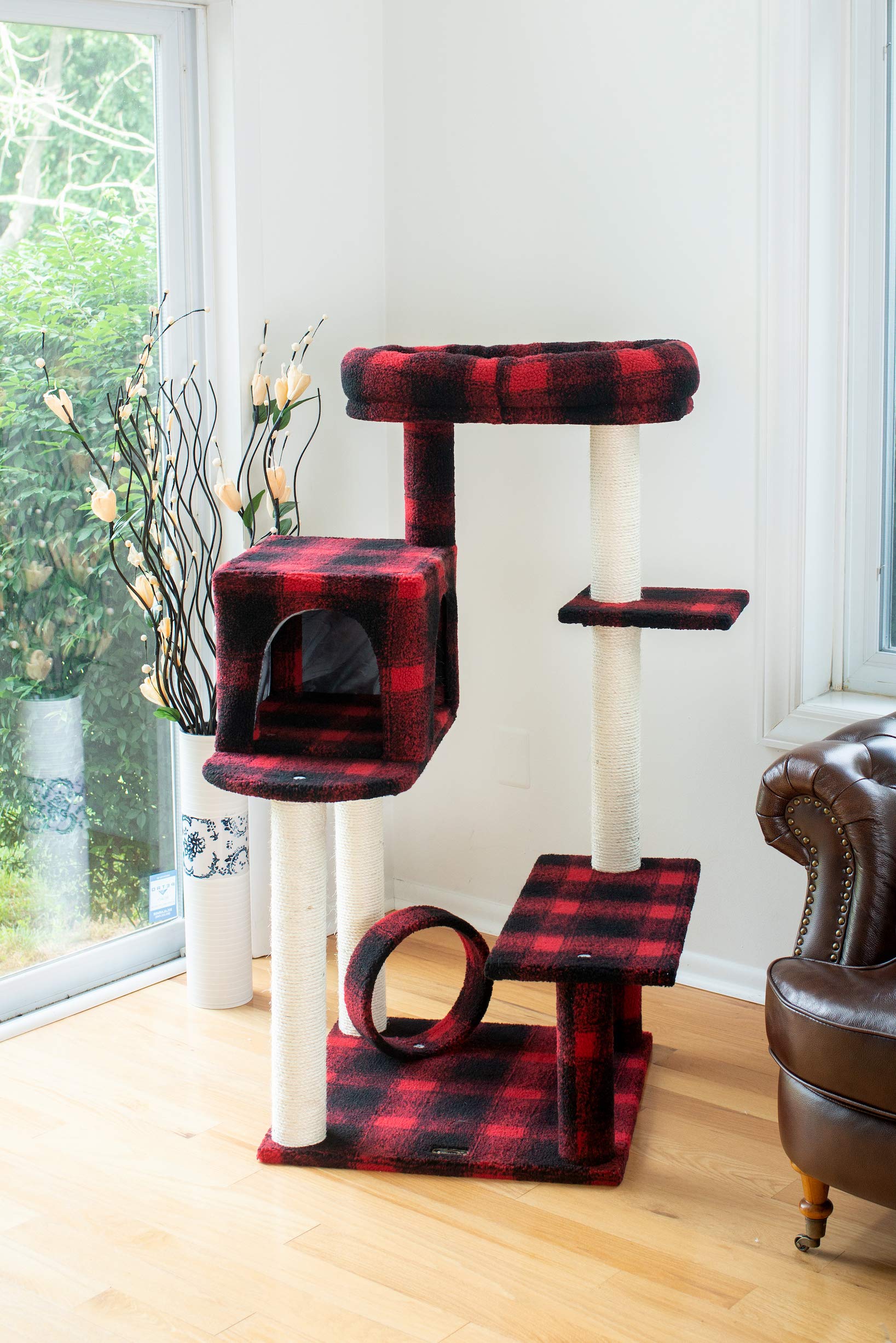 Armarkat Model B5008 50-Inch Real Wood Cat Tree With Veranda, Bench, Mini Perch, And Spacious Lounger In Scotch Plaid, Black/Red, 31''(L) X 28''(W) X 50''(H)