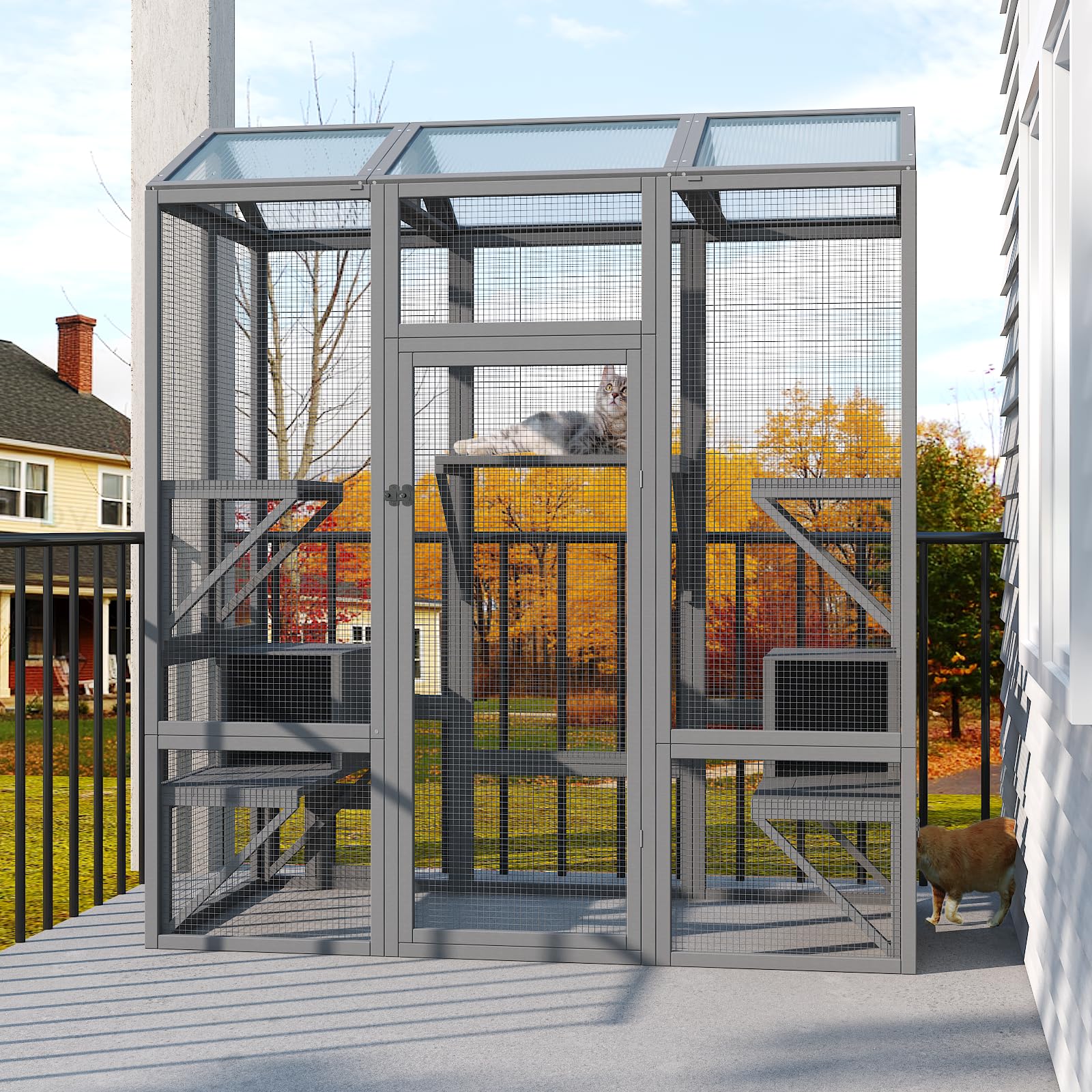 Timhaka Catio Outdoor Cat Enclosure, Large Cat House For Winter With Weatherproof Cover, Solid Wood Feral Cat Shelter With 7 Pla