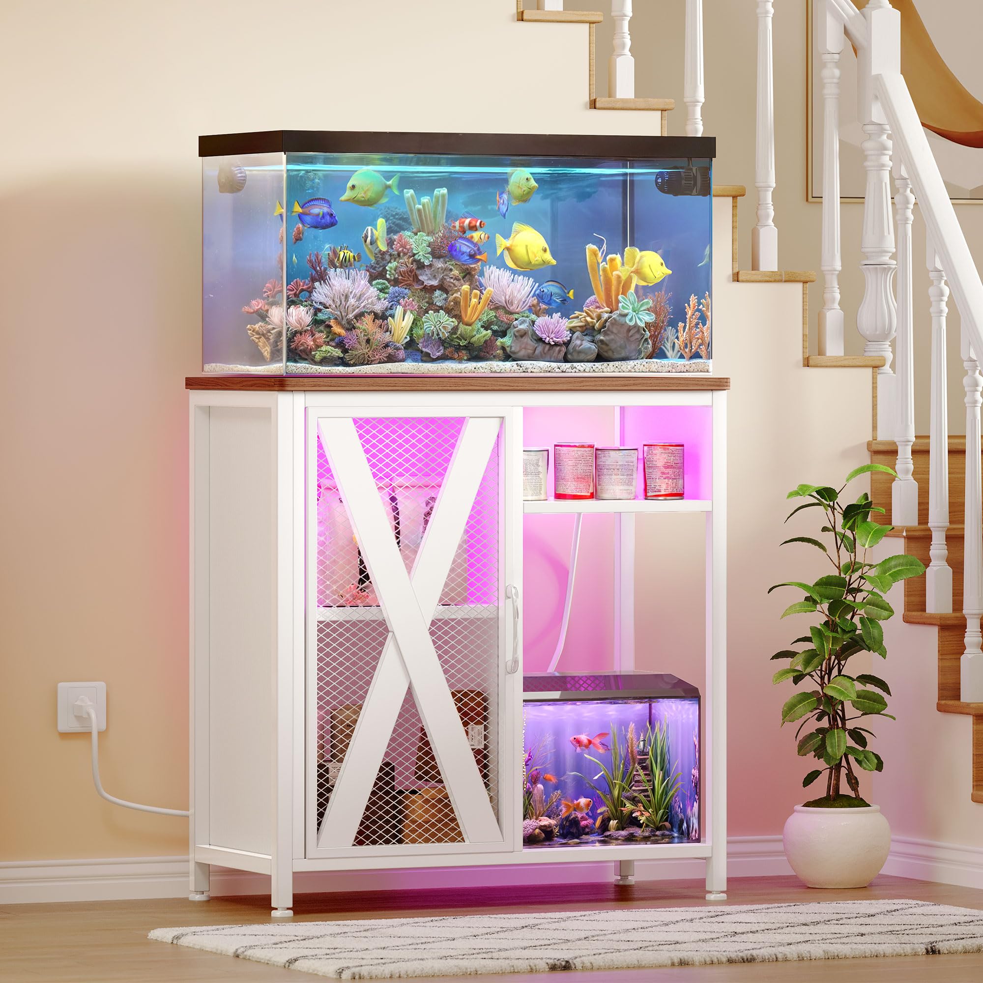 YITAHOME Fish Tank Stand with Power Outlets & LED Light, 20-29 Gallon Metal Aquarium Stand with Cabinet for Fish Tank Accessorie