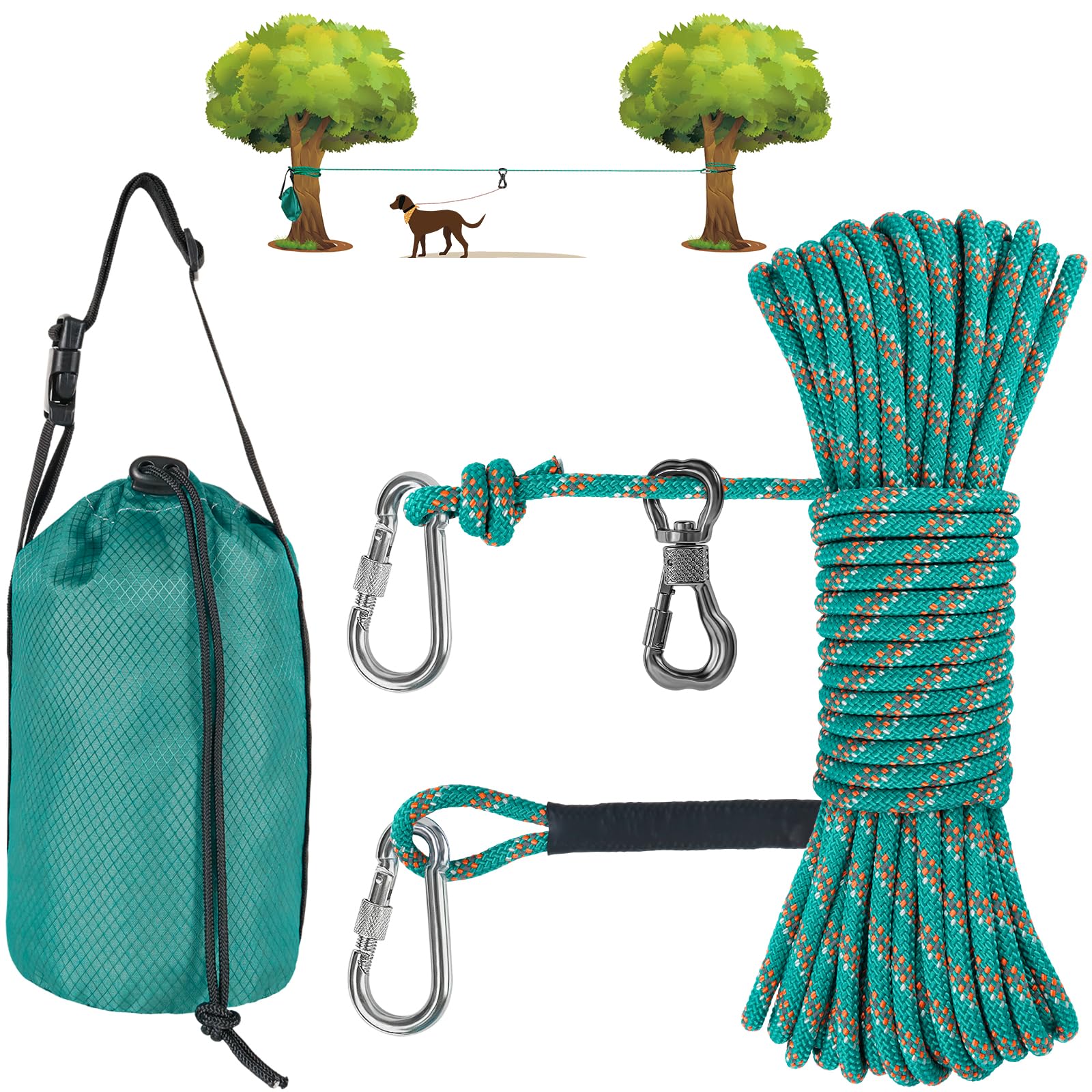 Xiaz Dog Tie Out Cable For Camping, 100Ft Portable Overhead Trolley System For Dogs Up To 200Lbs,Dog Lead For Yard, Camping, Par