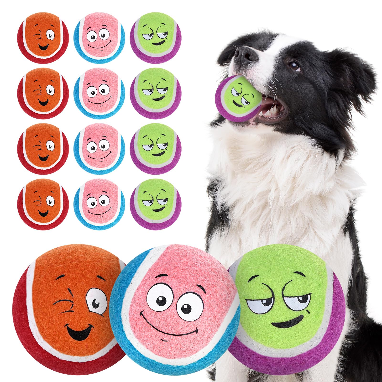 Expawlorer Tennis Balls For Dogs,12 Pack Squeaky Dog Balls For Play Exercise And Training,Funny Smile Face Interactive Dog Float