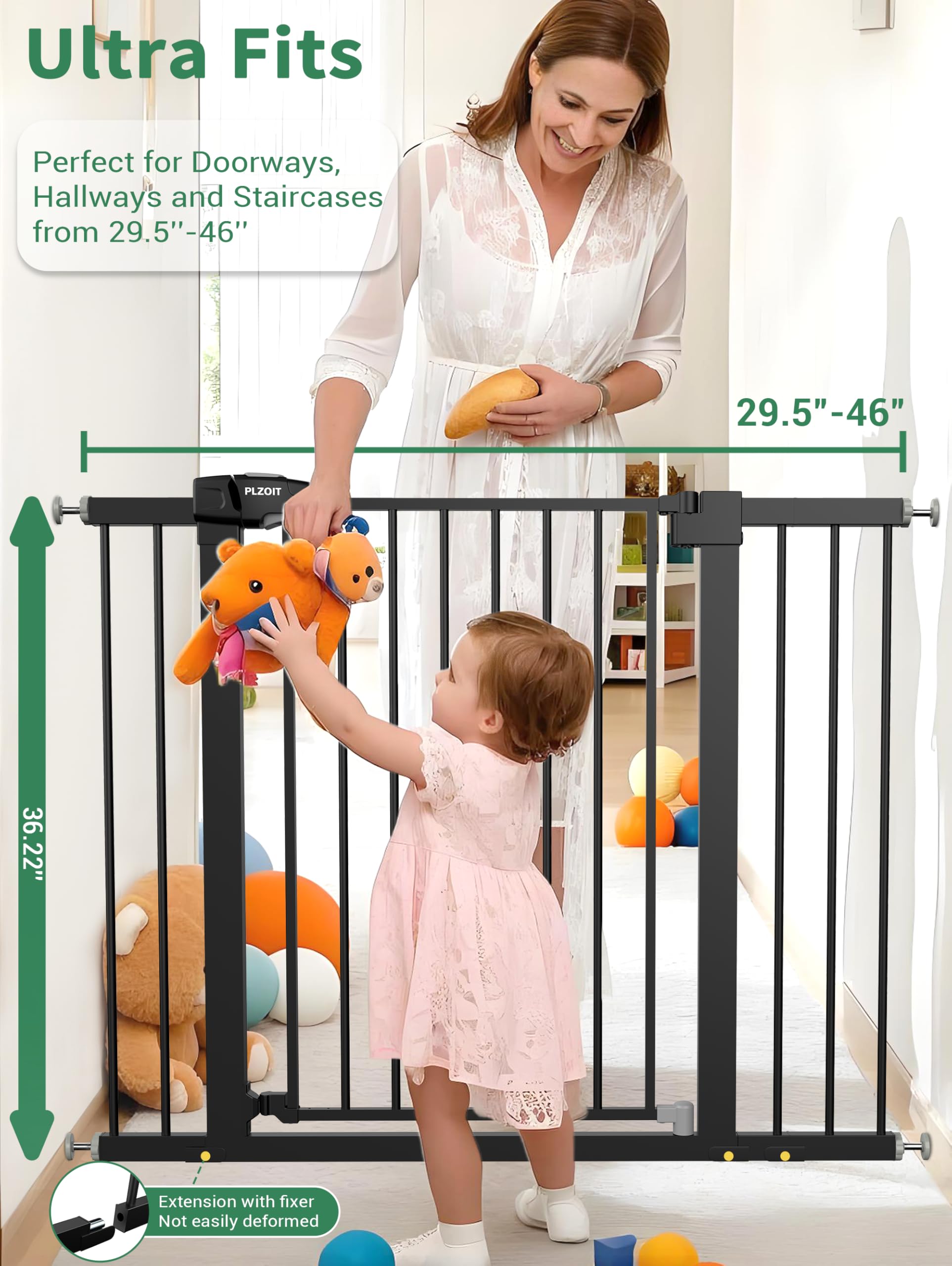 36.2  Extra Tall Baby Gate for Stairs, 29.5-46  Wide Dog Gate for Doorways, Walk Thru Auto Close Metal Pet Gate for The House, S