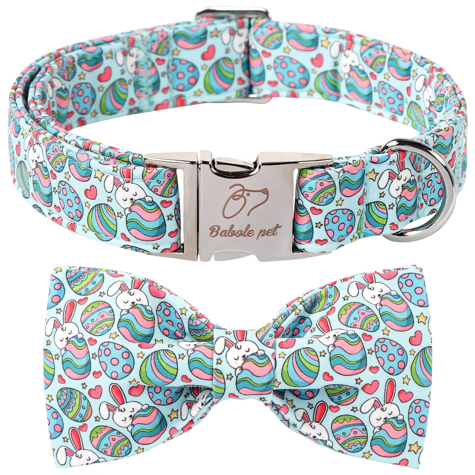 Babole Pet Easter Dog Collar With Bow Tie, Eggs Bowtie With Safety Metal Buckle, Cute Boy Girl Bunny Collar For Small Medium Dog