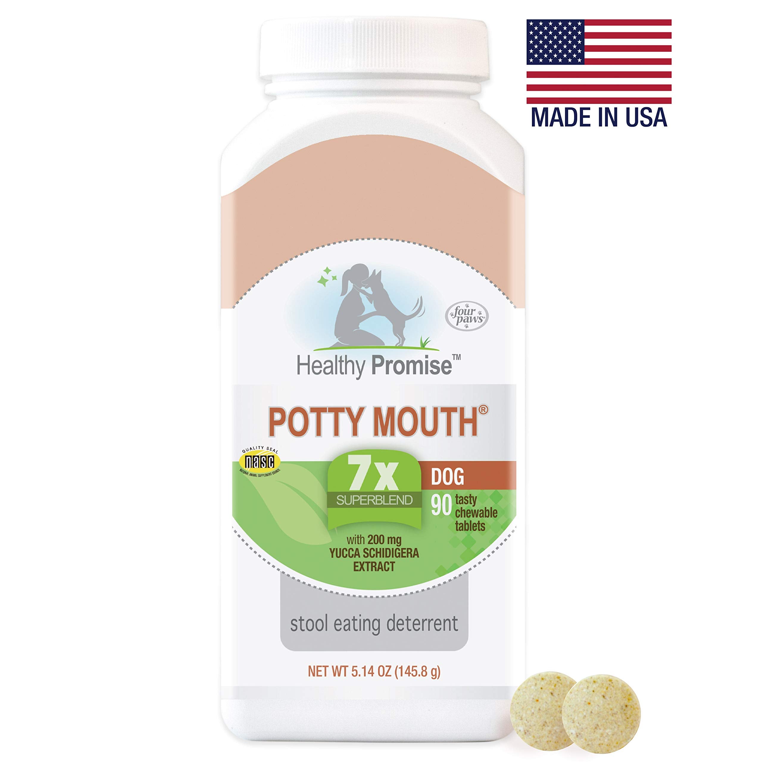 Four Paws Potty Mouth Tablets - Coprophagia Deterrent for Dogs, 90 Count, Healthy Promise, Stops Stool Eating