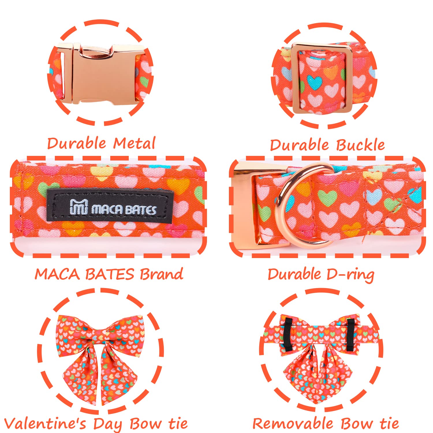 Maca Bates Valentines Sweet Heart Dog Collar with Bow Bowtie for Dogs Sailor Bow Tie Adjustable Breakaway Orange Collars Accesso