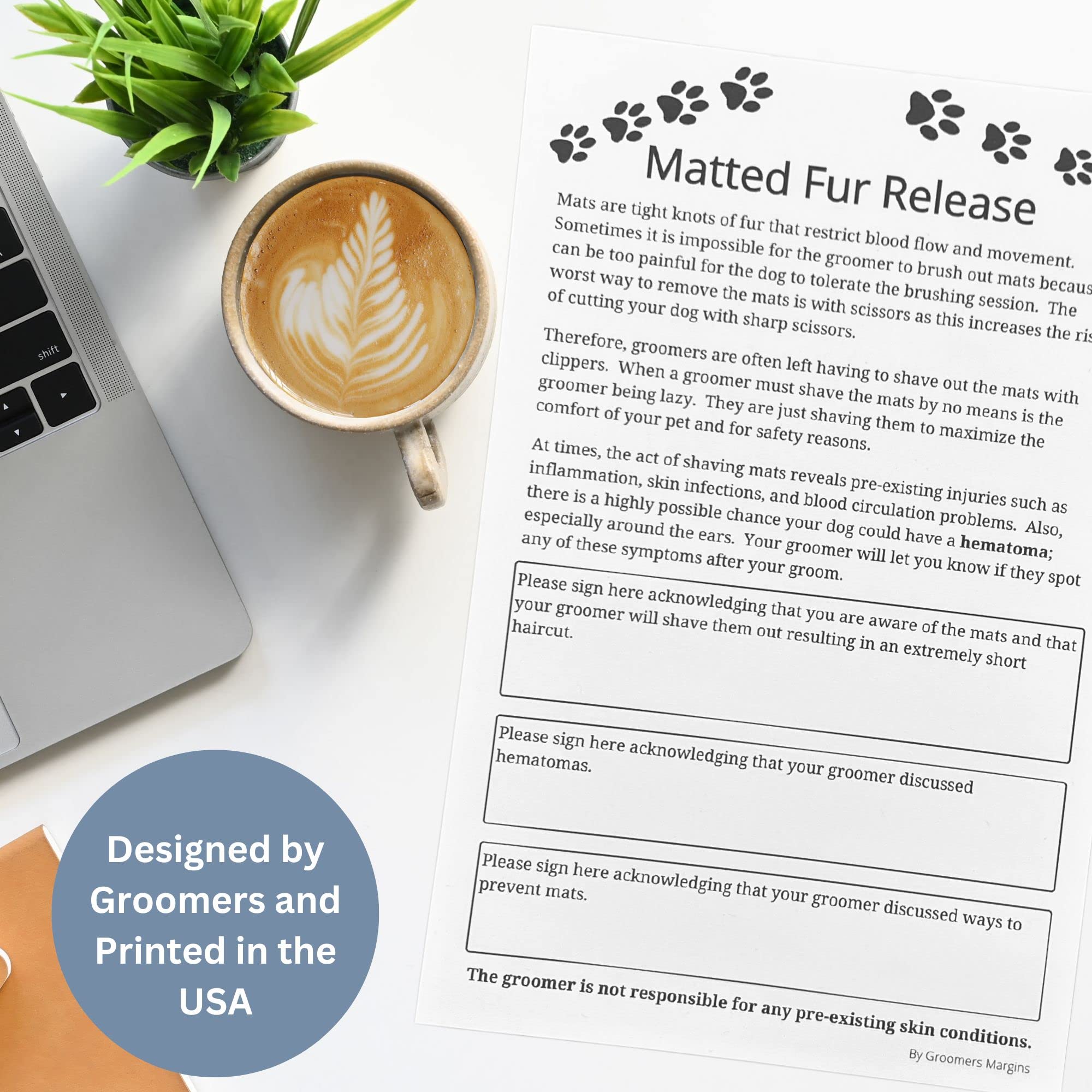 Matted Fur Release Forms For Dog Grooming Salons (Pad Of 100, 5.5 X 8.5 Inches) - Addressing Mats
