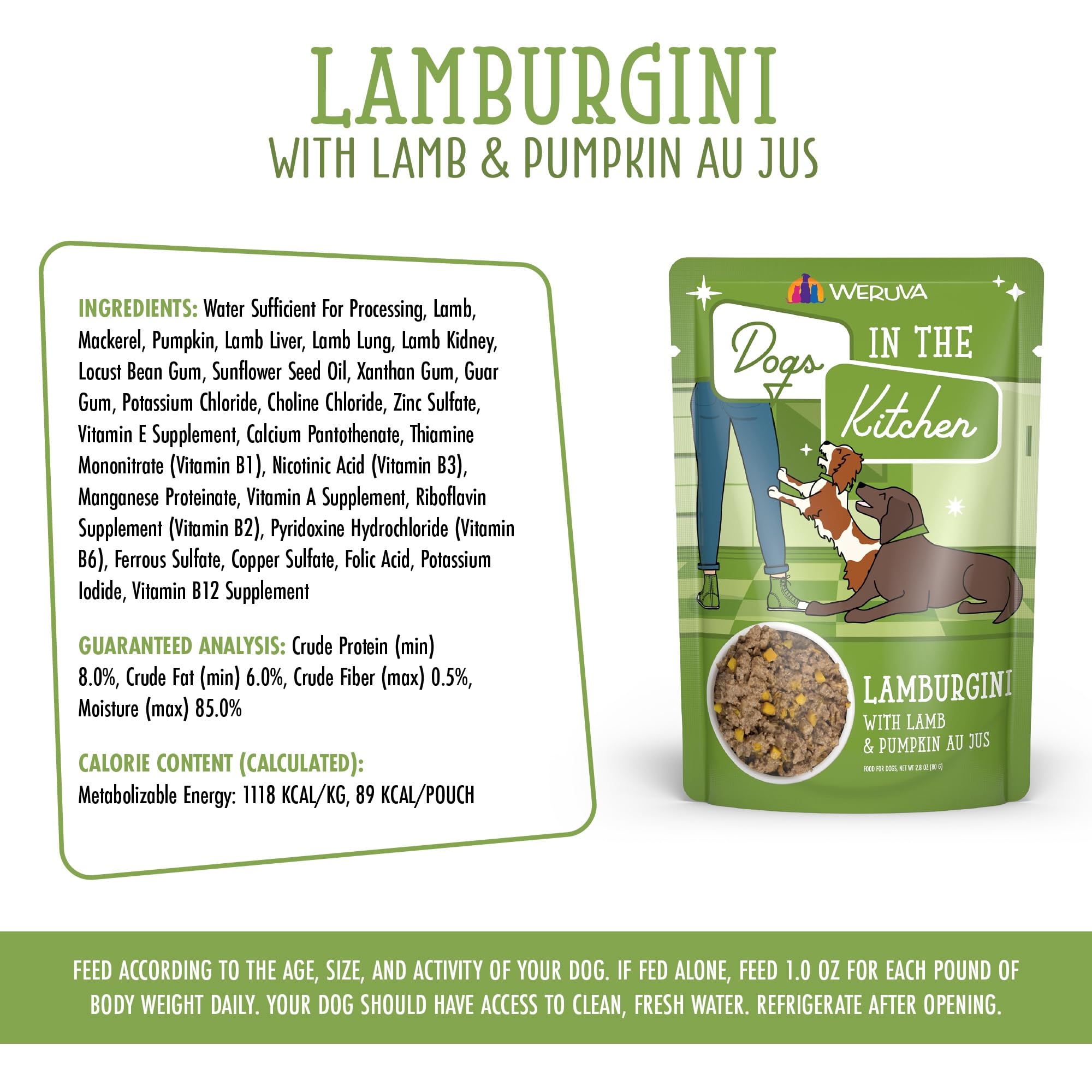 Weruva Dogs in The Kitchen, Lamburgini with Lamb & Pumpkin Au Jus Dog Food, 2.8oz Pouch (Pack of 12), Green