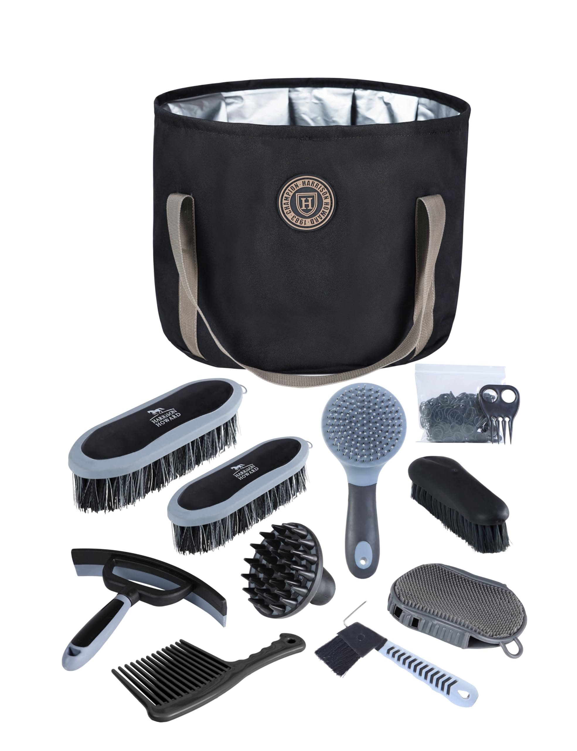 Harrison Howard Horse Grooming Kit 9-Piece Equine Care Series Horse Brush Sets With Organizer Tote Bag Black