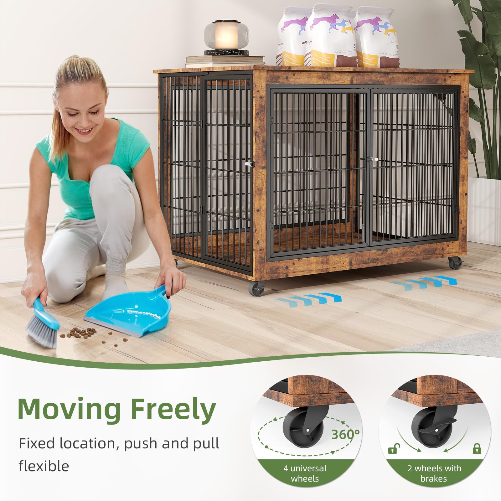 Yafylly 43 Movable Extra Large Dog Crate, Wooden Furniture Dog Crate with Top Access for Teasing/Feeding, 4 Rotating Wheels, Hea