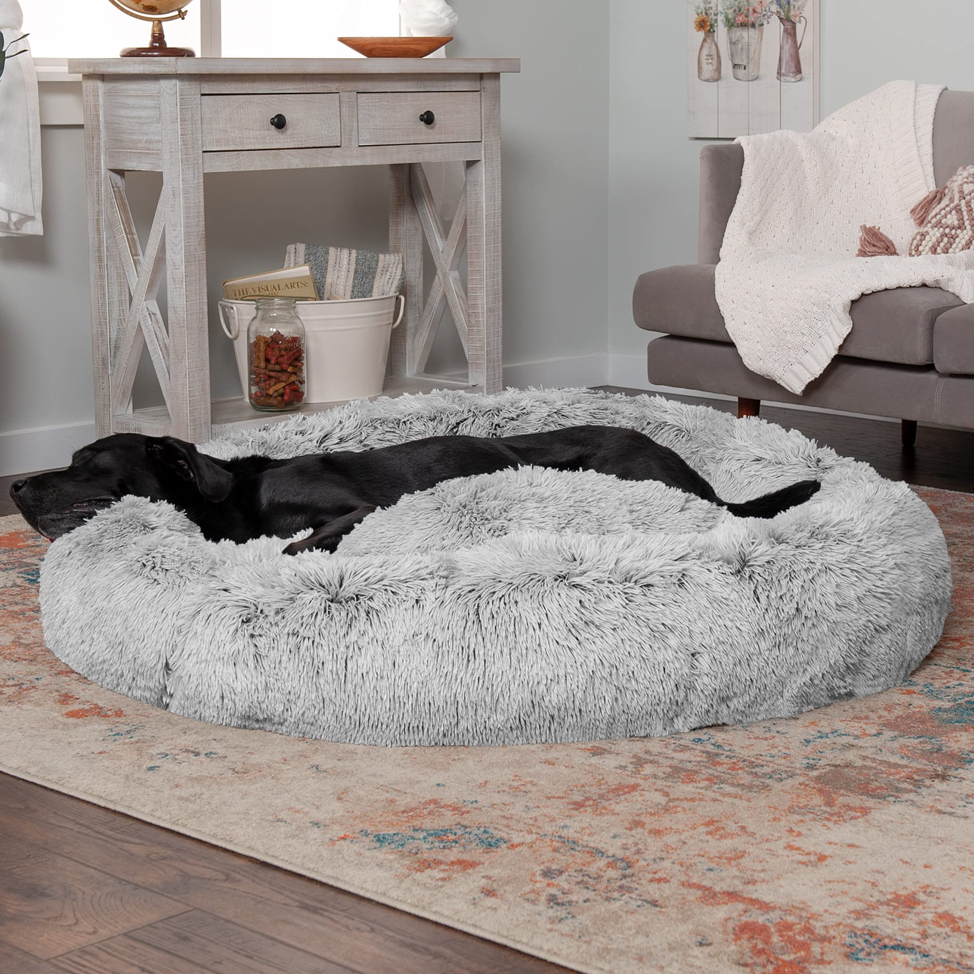 Furhaven 45 Round Calming Donut Dog Bed for Large Dogs, Refillable w/ Removable Washable Cover, For Dogs Up to 90 lbs - Shaggy P