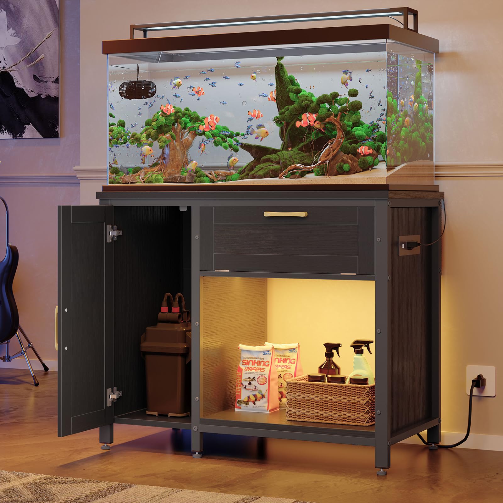 Bestier 40-50 Gallon Fish Tank Stand with Power Outlet&LED Light, 37x18 Heavy-Duty Metal Aquarium Stand with Cabinet&Drawer for