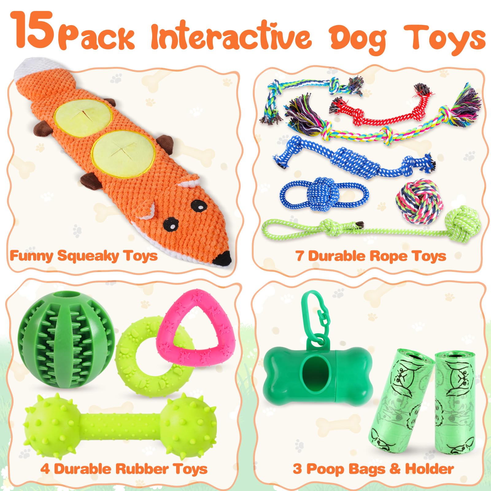 MRSOHRET 15 Pack Dog Toys, Dog Puzzle Toy Puppy Chew Toys for Teething, Dogs Essentials Toy Bundle with No Stuffing Squeaky Toy,