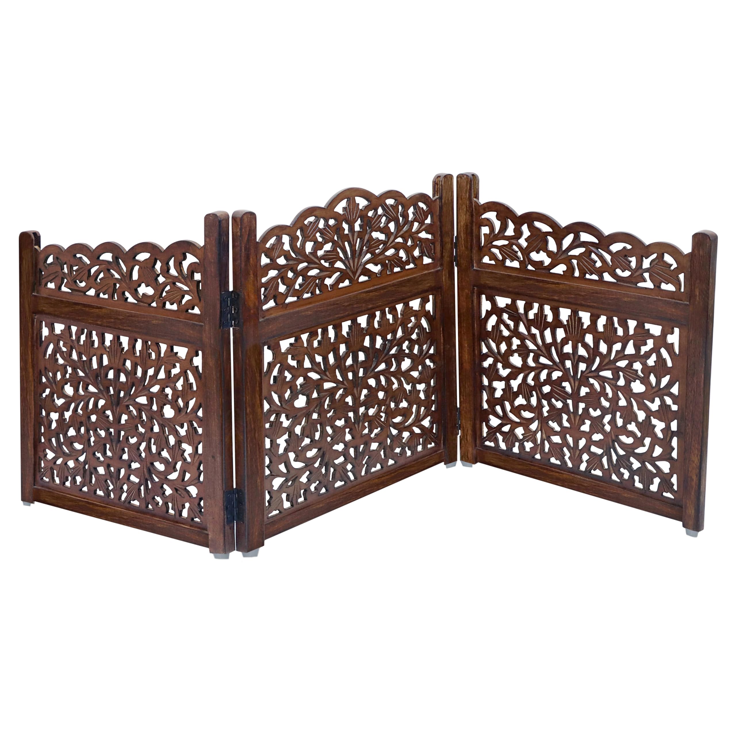 Wooden Foldable Pet Dog Safety Gate - 3 Panel 20' W X 24' H - Hand Carved Mahanadi Free Standing Portable Indoor Puppy Gate - 