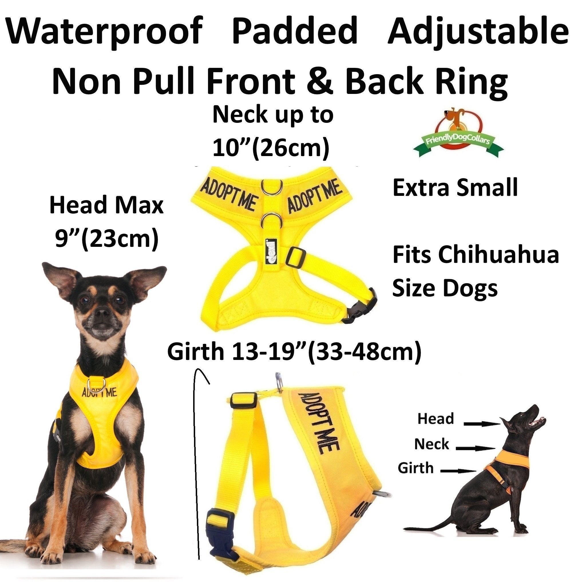 Dexil Adopt Me Yellow Color Coded Non-Pull Front And Back D Ring Padded And Waterproof Vest Dog Harness, Large Harness 22-32 Inc