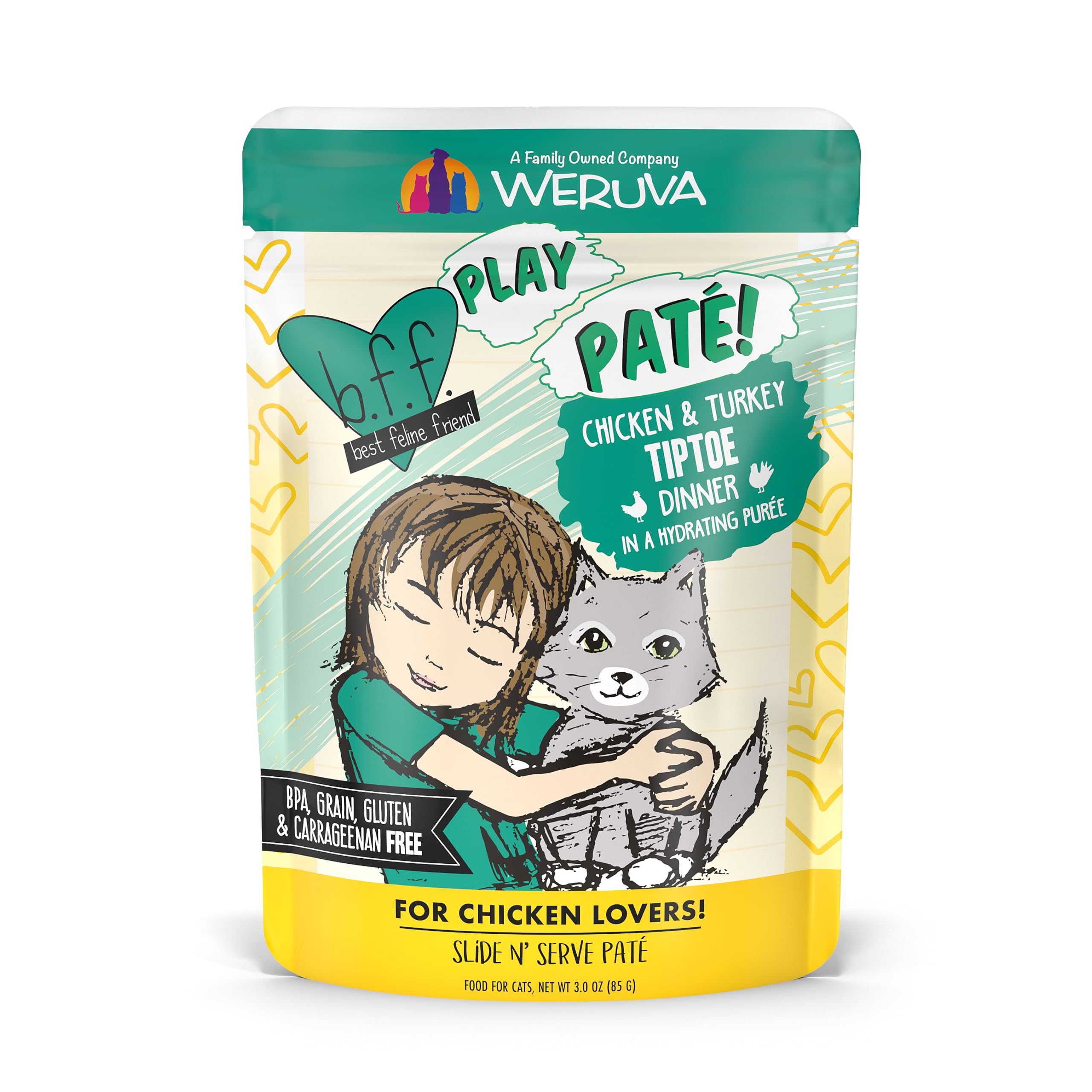 B.F.F. PLAY - Best Feline Friend Pat   Lovers, Aw Yeah!, Chicken & Turkey Tiptoe with Chicken & Turkey, 3oz Pouch (Pack of 12)