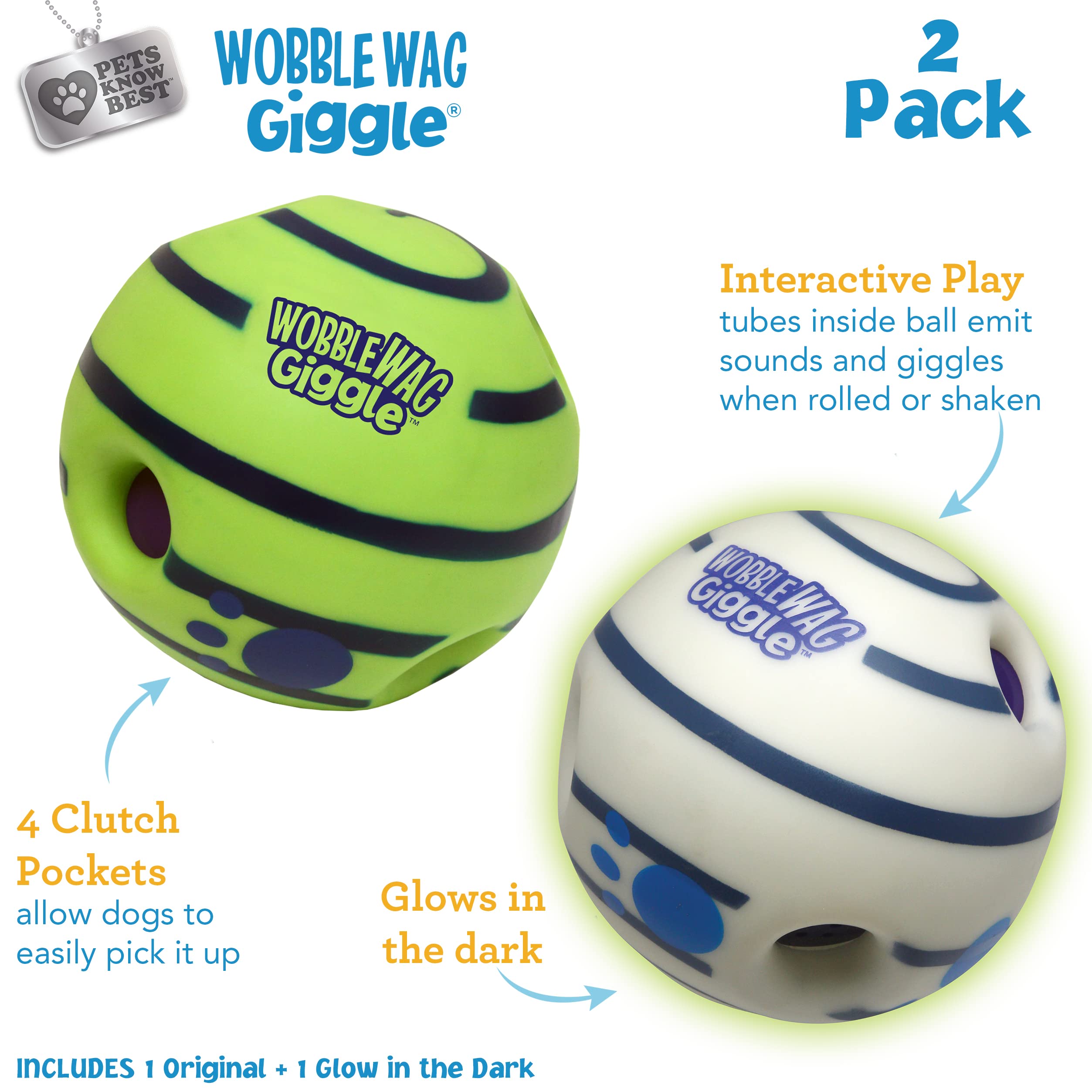 Wobble Wag Giggle Ball 2 Pack- Interactive Dog Toy, Fun Giggle Sounds When Rolled Or Shaken, Pets Know Best, 1 Original & 1 Glow In The Dark Ball