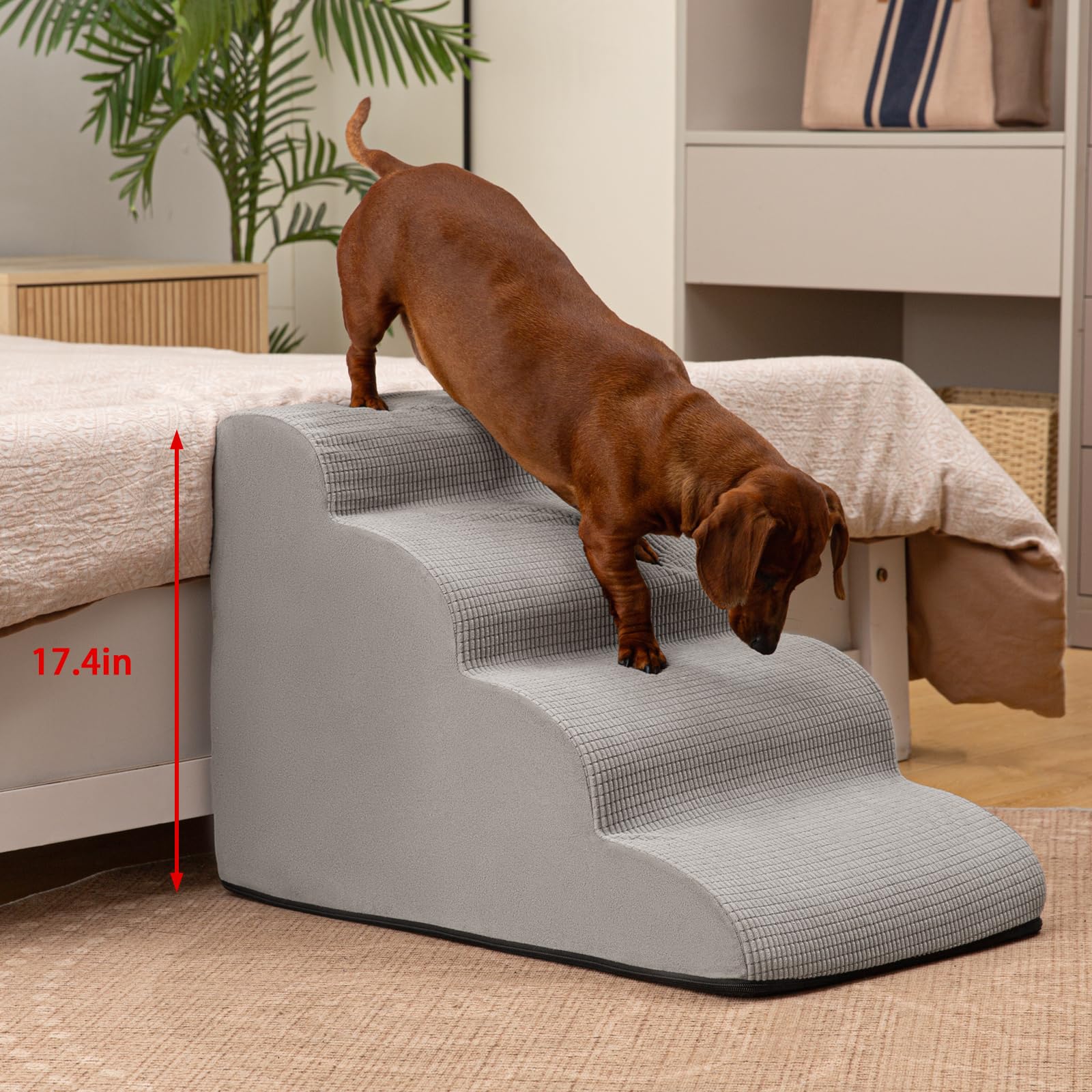 Aodisman 5-Step Dog Stairs and Ramp for High Bed, Non-Slip Sturdy Pet Steps for Small Dogs and Cats,22.2 H,Light Grey