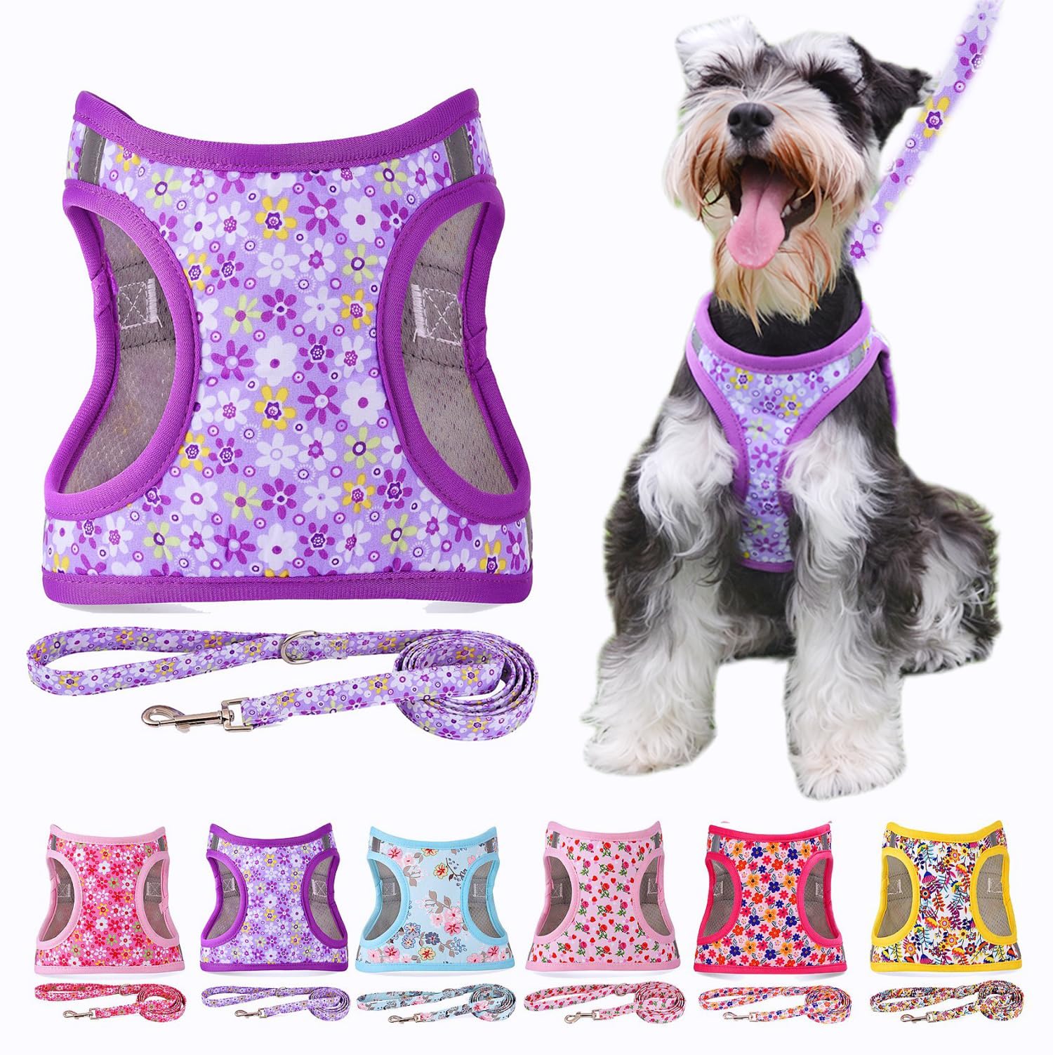 Moonpet Step In Air Dog Harness Leash Set- All Weather Reflective No-Pull?loral Pattern Padded Mesh Vest Harness For Cats Puppy Extra-Small Small Medium Large Dogs - Purple Flower - L