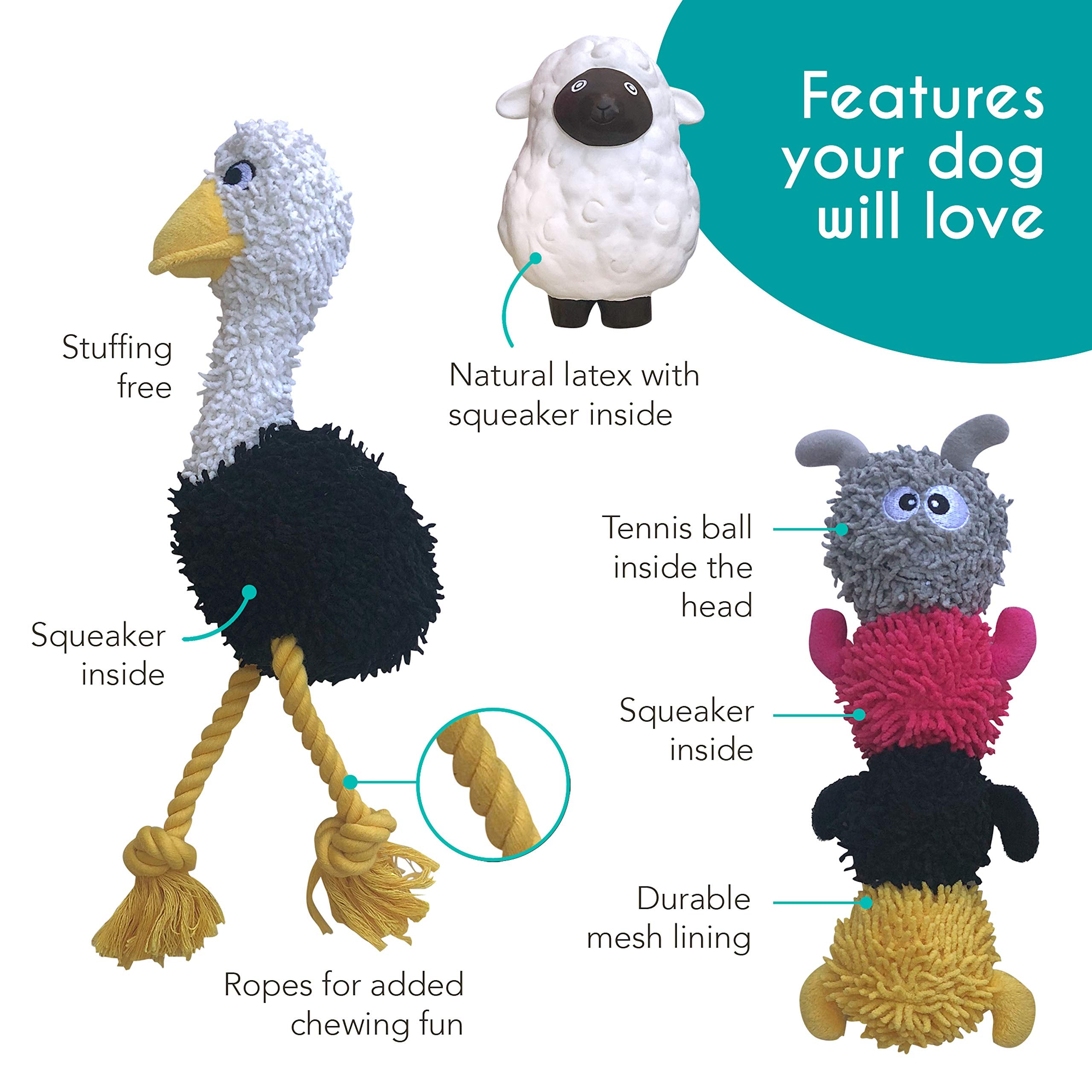 Rocket & Rex 3-Pack Dog Chew Toy Gift Set  Rope Toy, Rubber Squeaker Toy And Plush Toy With Ball  Puppies, Small To Medium Breed