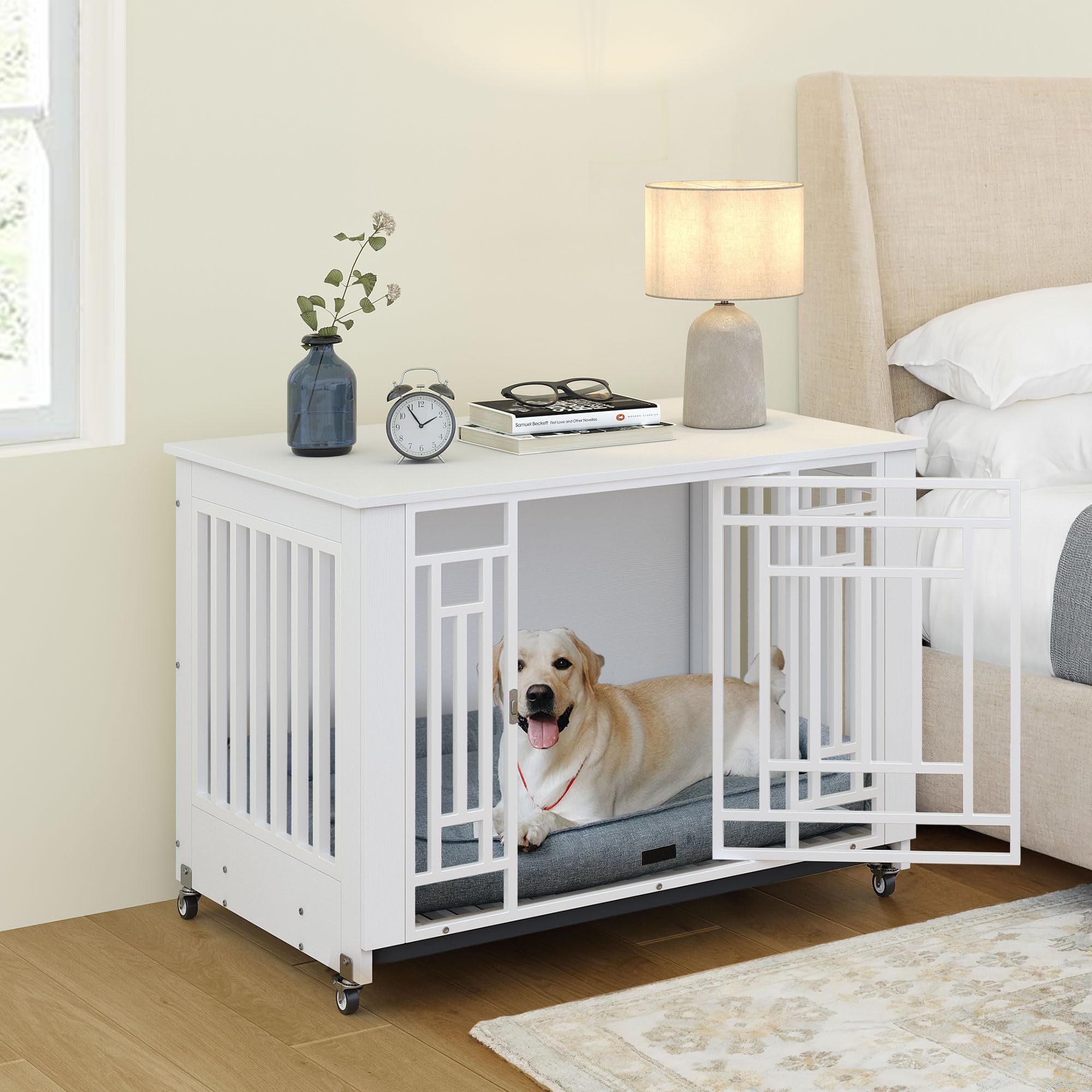YITAHOME Dog Crate Furniture, Heavy Duty Dog Cage, Wooden Side End Table with Wheels, Chew-Resistant Metal Dog Kennel with Remov