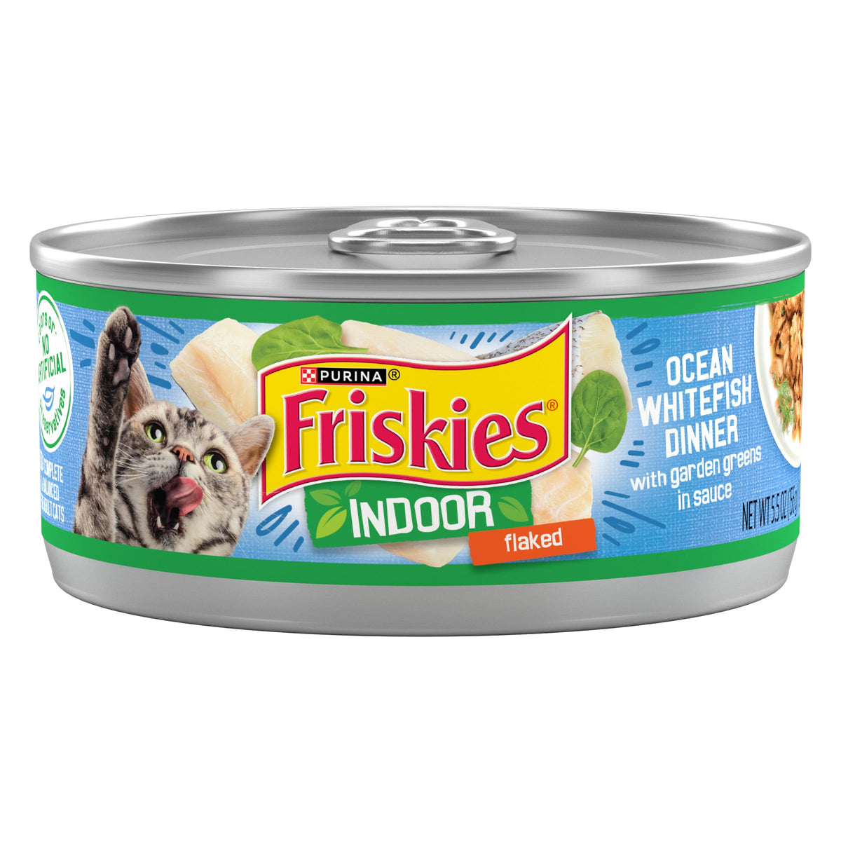 Purina Friskies Indoor Cat Food Flaked Ocean Whitefish Dinner With Garden Greens In Sauce - (Pack Of 24) 5.5 Oz. Cans