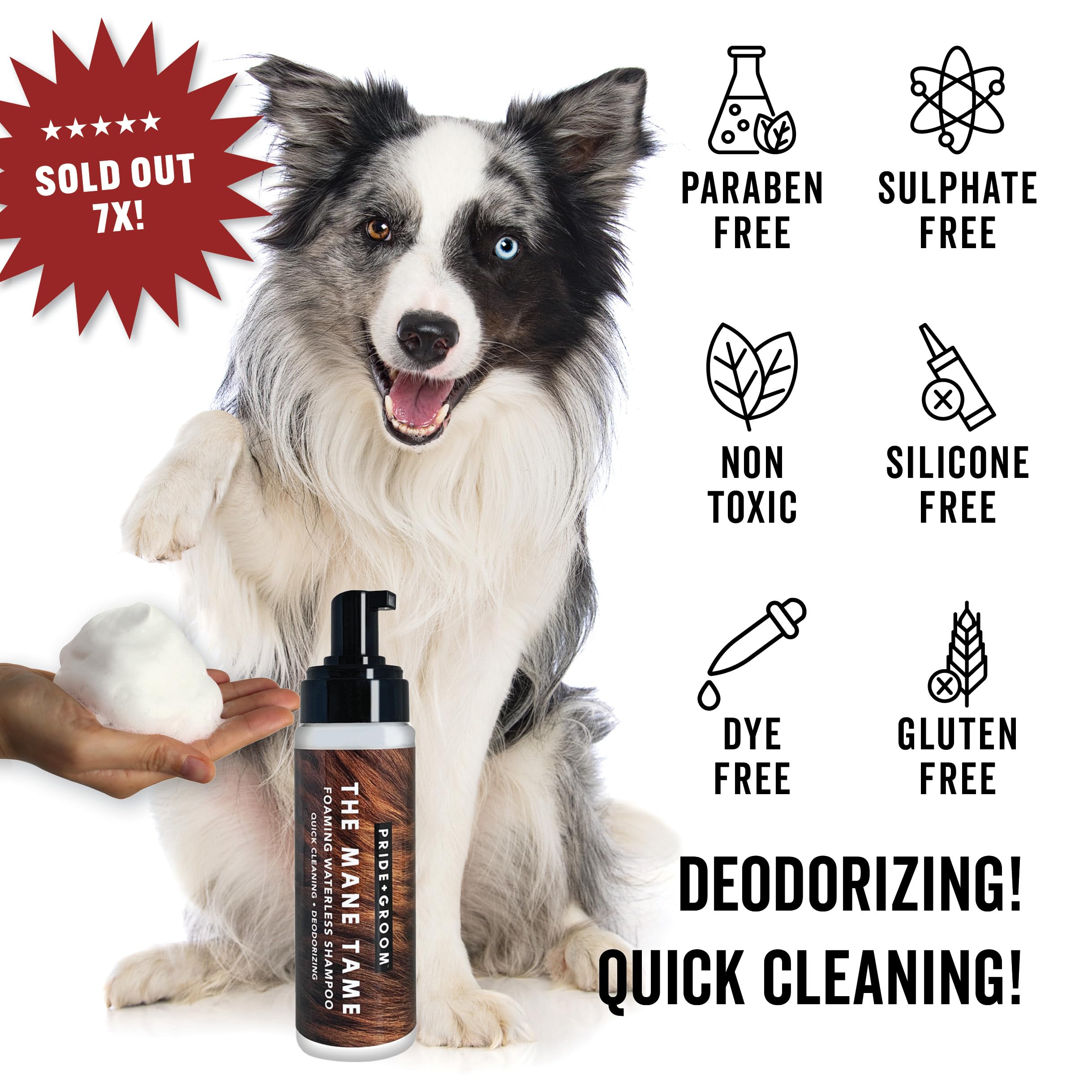 PRIDE AND GROOM Waterless Dog Bath MITT KIT - Foaming Dry Shampoo & Sensitive Glove for Rinse-Free Cleanse, Brown