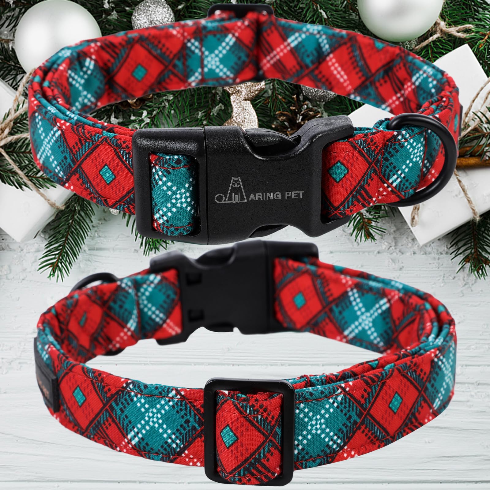 Aring Pet Christmas Dog Collar-Cotton Lightweight Red Green Plaid Dog Collars, Adjustable Christmas Pet Collar Puppy Collars Wit