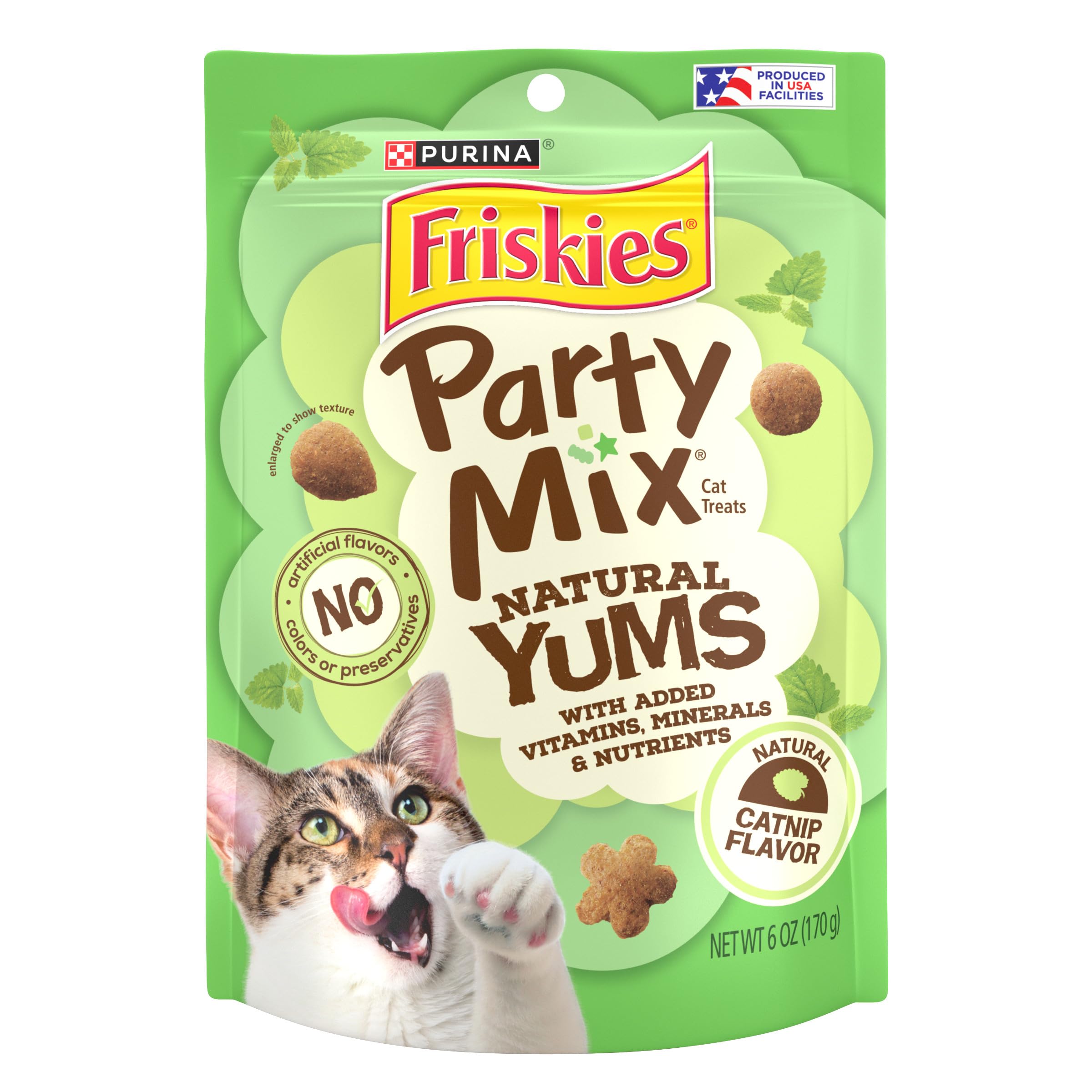 Purina Friskies Made in USA Facilities, Natural Cat Treats, Party Mix Natural Yums Catnip Flavor - (Pack of 6) 6 oz. Pouches