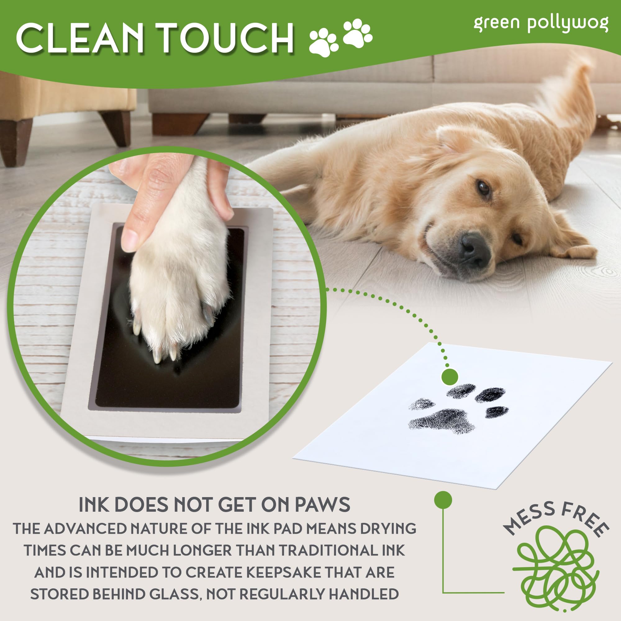 Green Pollywog | Extra-Large Clean Touch Inkless Ink Pad For Pets | Paw/Nose Prints For Dogs & Cats Non-Toxic | Paw Print Stamp Kit | Dog Paw Print Kit | Cat Footprint Keepsake (1-Pack)