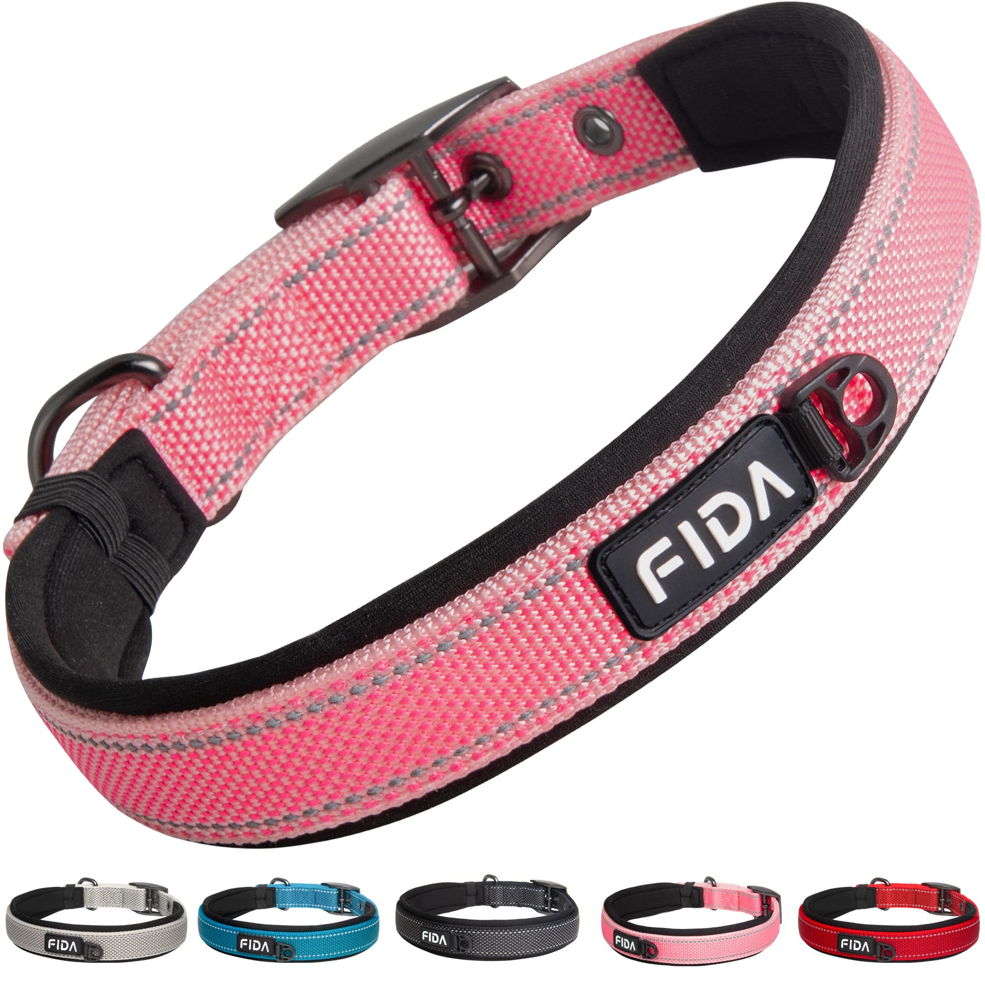 Fida Heavy Duty Dog Collar, Ultra Comfortable Soft Neoprene Padded, Adjustable Reflective Nylon Pet Collar With Durable Metal Belt Buckle For Medium Breeds (M, Pink)