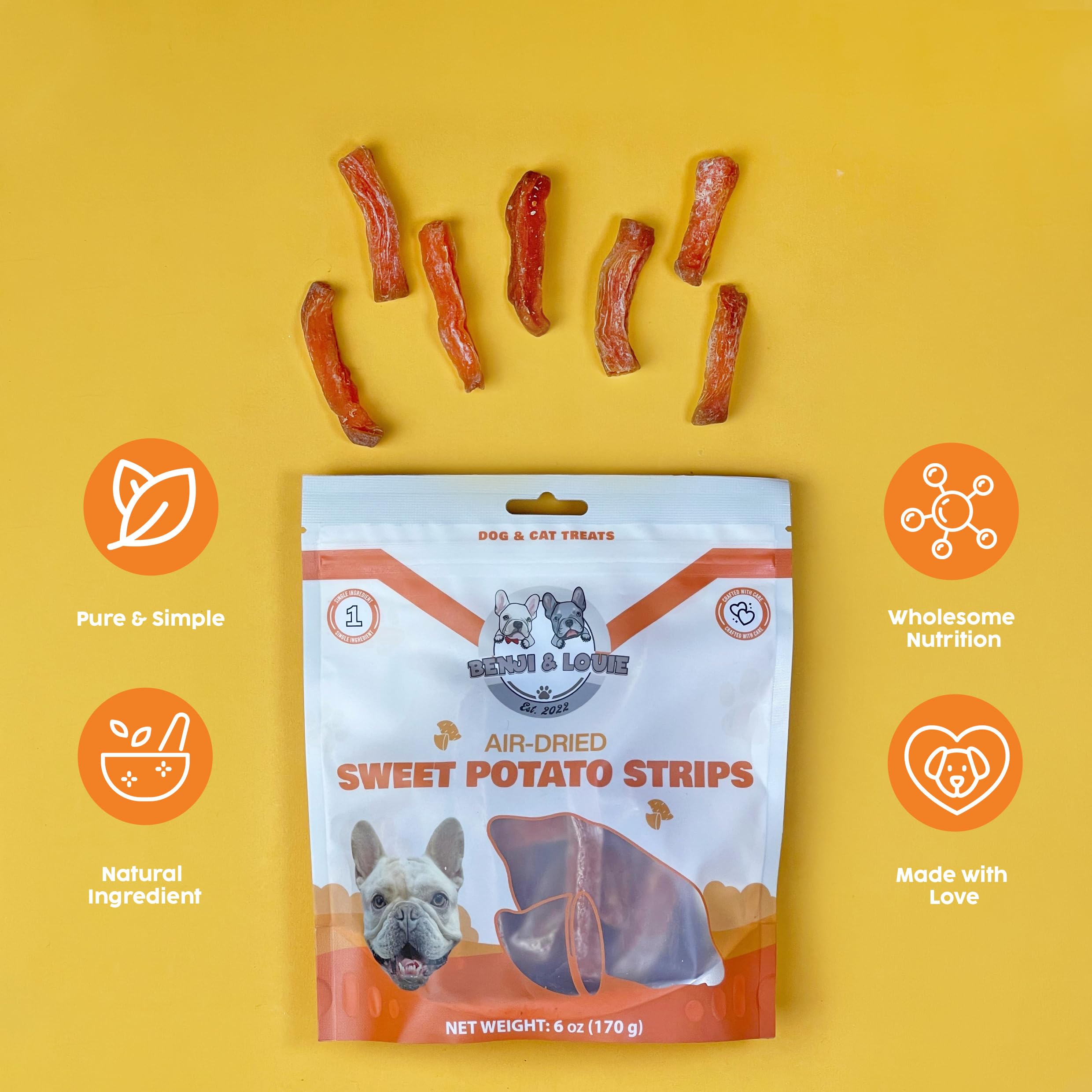 Benji & Louie Air Dried Sweet Potato - Natural Healthy Dog and Cat Treats, Single Ingredient, 6 oz