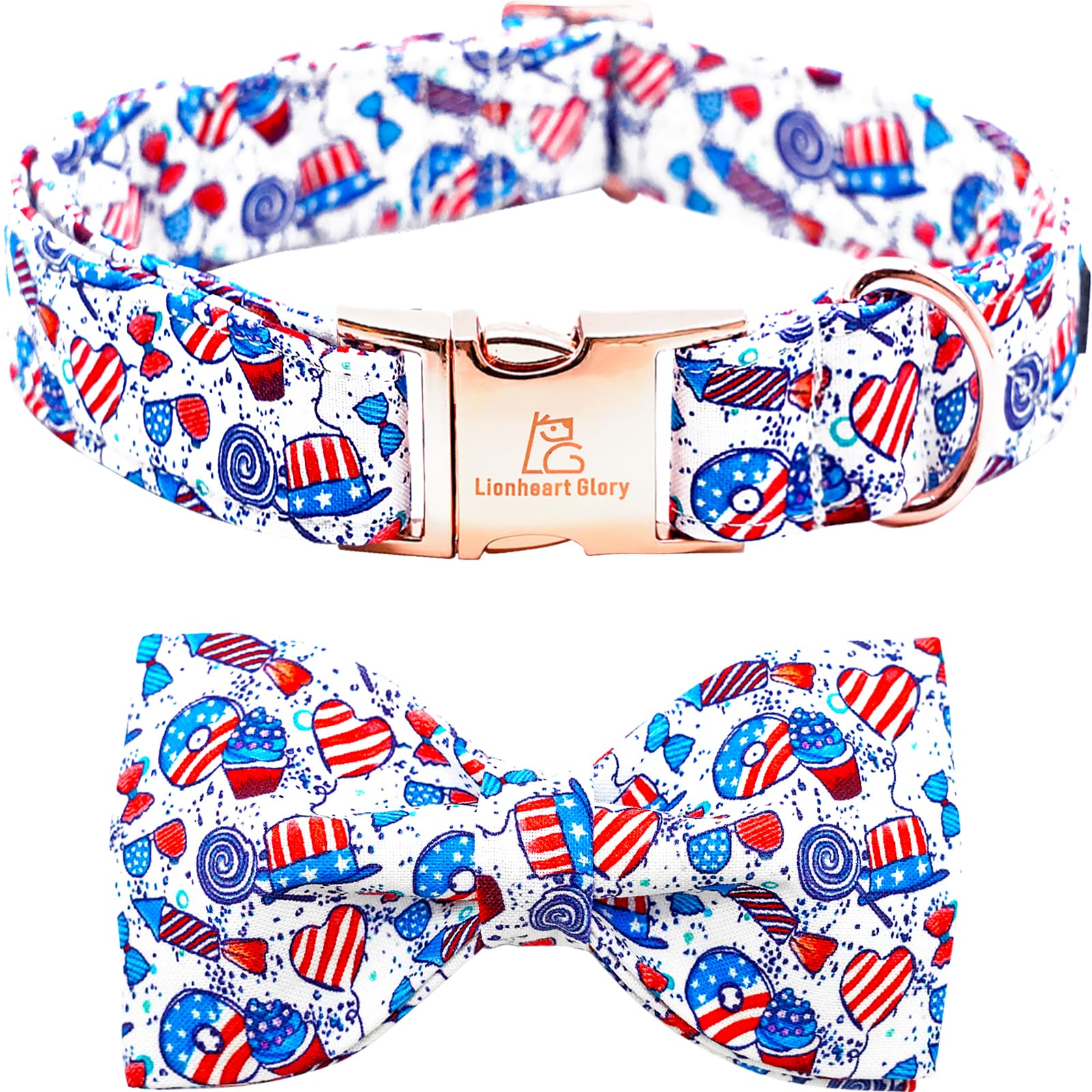 Lionheart Glory American Flag Dog Collar, 4 Of July Dog Bow Collar Heavy Duty Adjustable Patriotic Dog Collar With Bowtie For Me