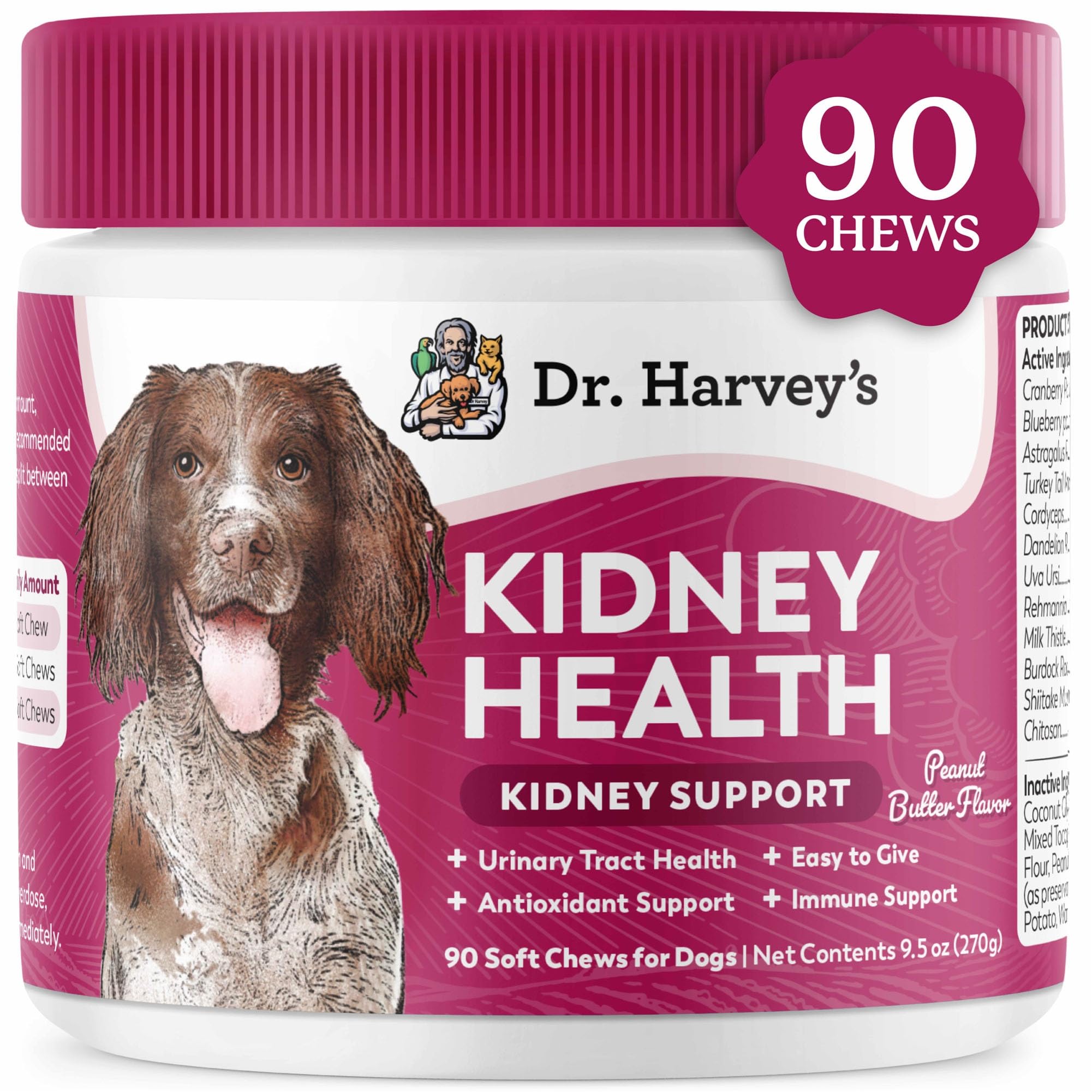 Dr. Harveys Kidney Support Soft Chews for Dogs, Renal & Urinary Tract Health Supplement with Turkey Tail Mushroom, 90 Chews