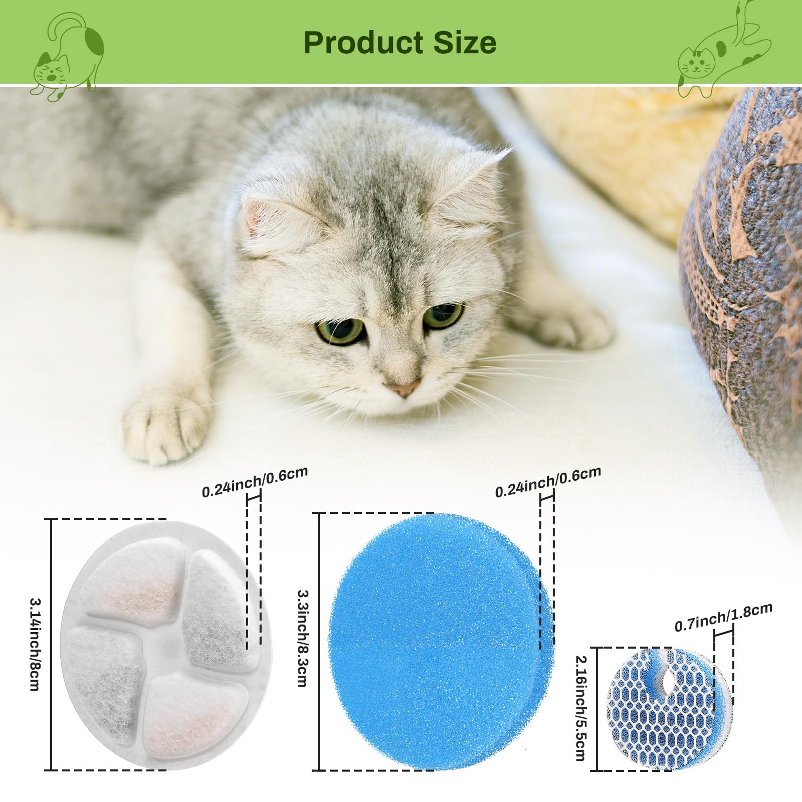 5-Pack Cat Fountain Filter Replacement For Round 67Oz/2L Automatic Pet Fountain, Triple Filtration System Activated Carbon Filte