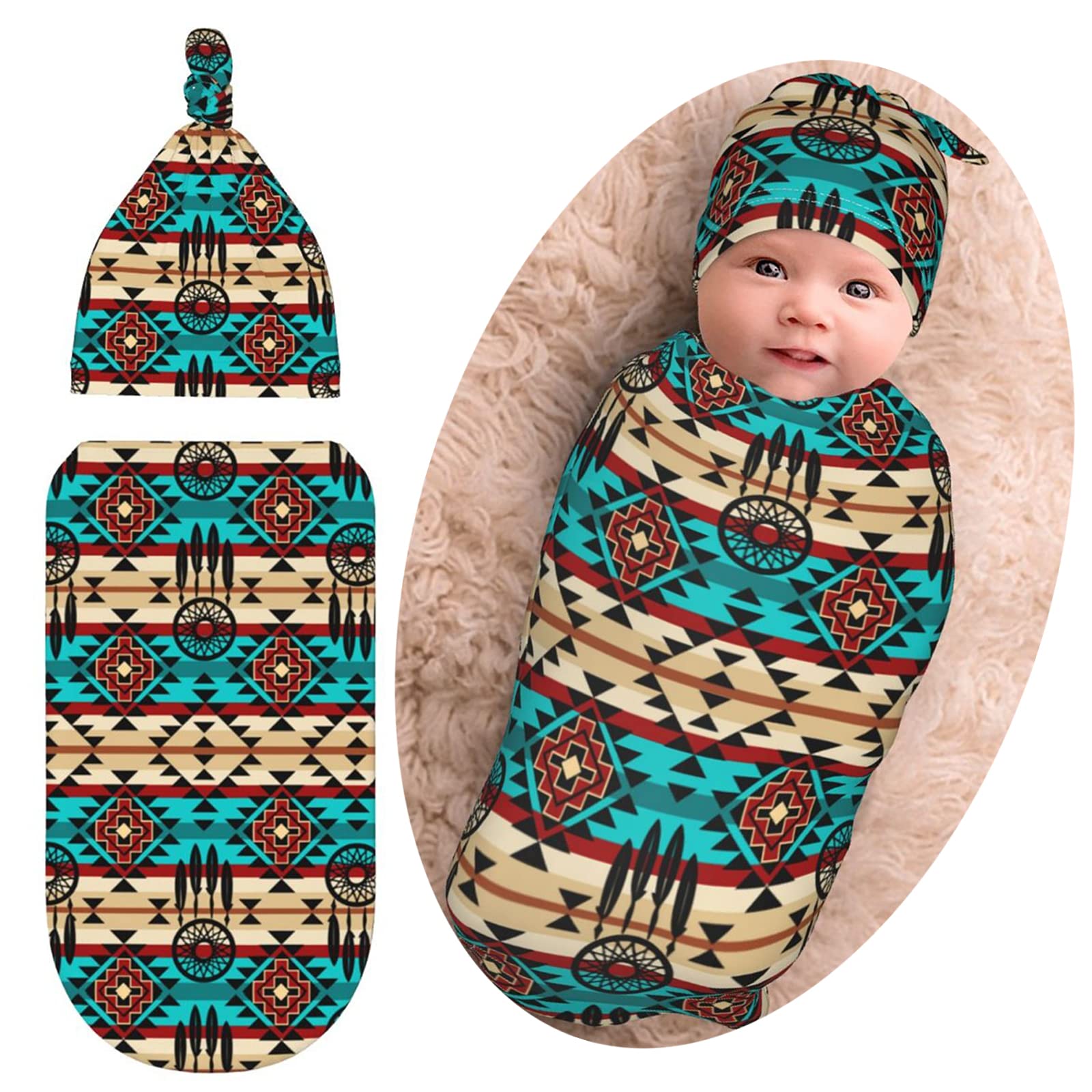 Western Baby Stuff Aztec Navajo Newborn Baby Swaddle Blanket Native American Baby Wrap Sleep Sack Soft Silky With Beanie Hat For