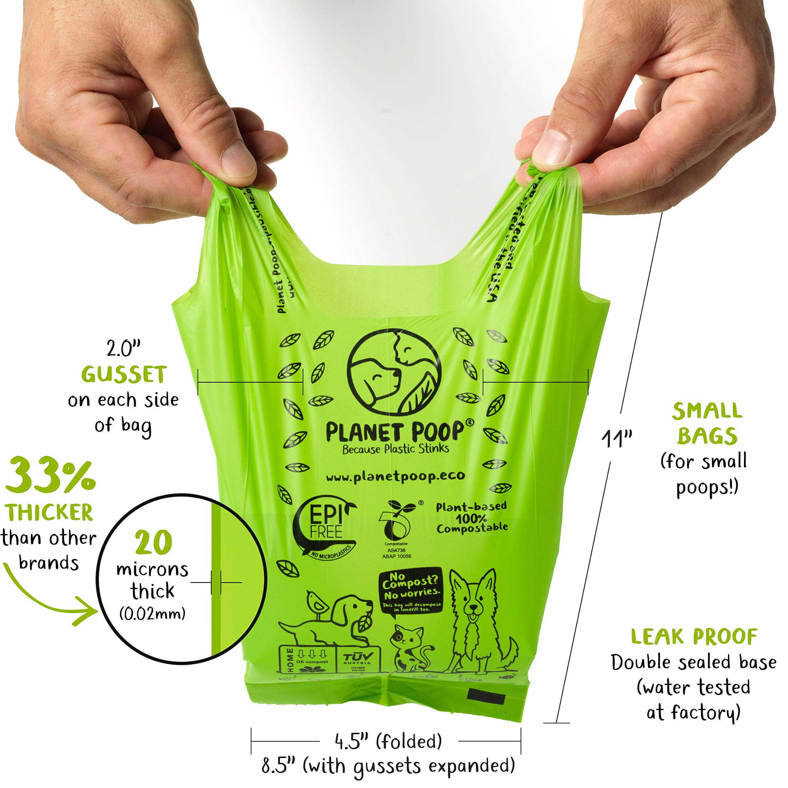 Planet Poop Compostable Dog Poop Bags For Small Pets, Large Single Roll 200 Mini Size Grab & Go, Biodegradable Un-Scented Dog Wa