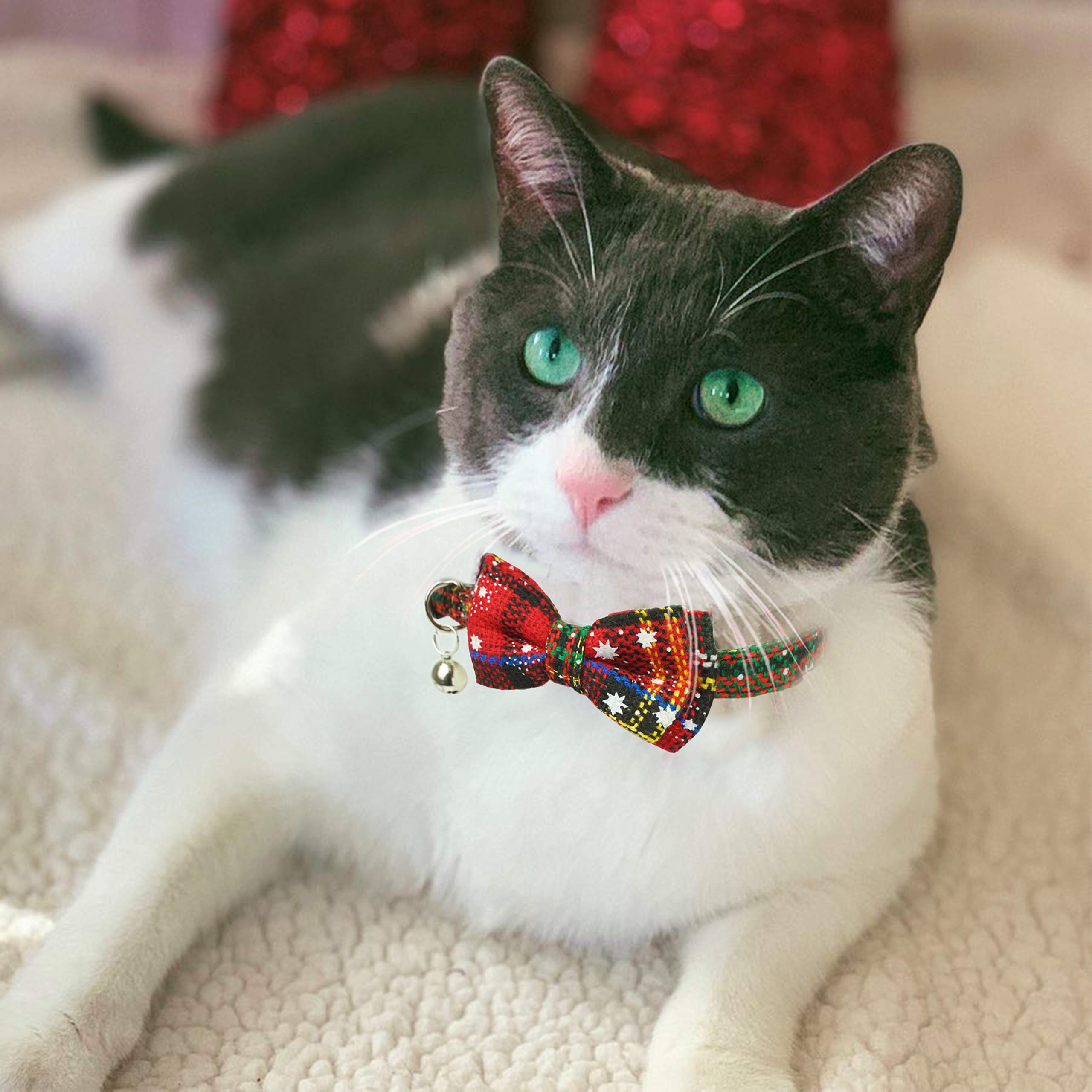 Christmas?At?Ollar?Ith?Ow Tie And Bell, Holiday Buffalo Plaid Breakaway Kitty Kitten Collar For Girl Boys Male Female Cats