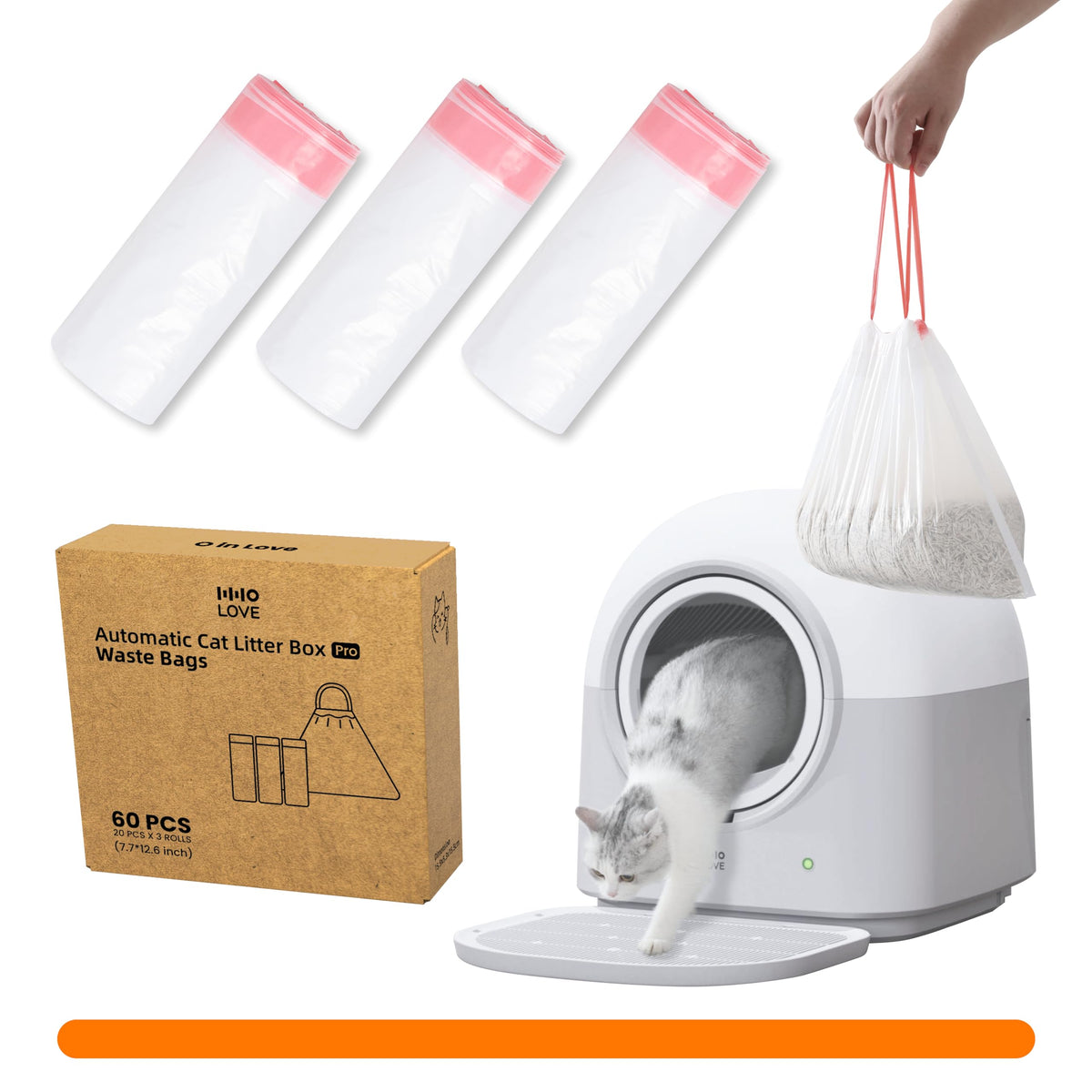 Abrct Waste Bags(60 Count) For Self-Cleaning Litter Box Automatic Electronic Hands-Free Smart Robot Self Cleaning Litter Box Lin