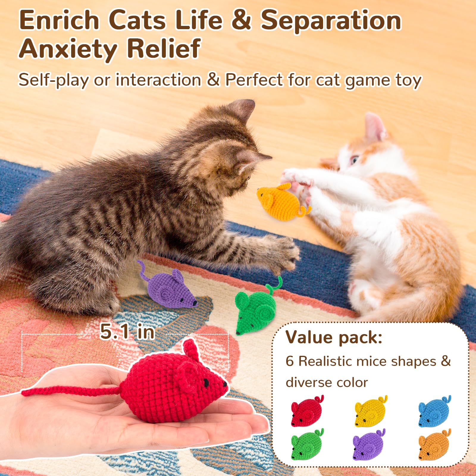 Retro Shaw Catnip Toys Crochet Mice Cat Toys,6 Pcs Yarn Cat Nip Mouse Animals Toys,Safe Teeth Cleaning Toy for Indoor Kittens,In